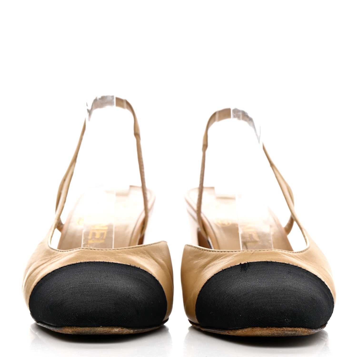 Goatskin Grosgrain Cap Toe CC Slingback Pumps 36 Beige Black