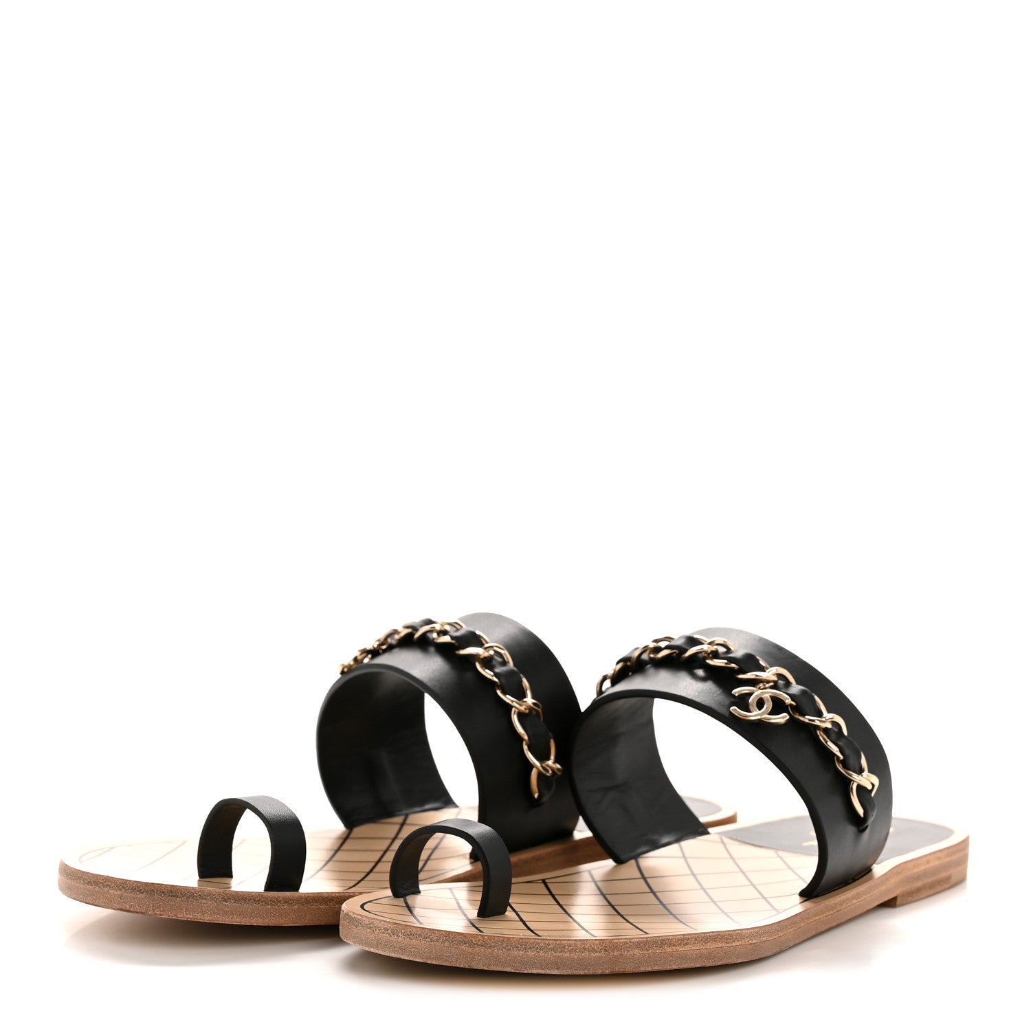 Calfskin Chain CC Logo Toe Ring Sandals 38.5 Black
