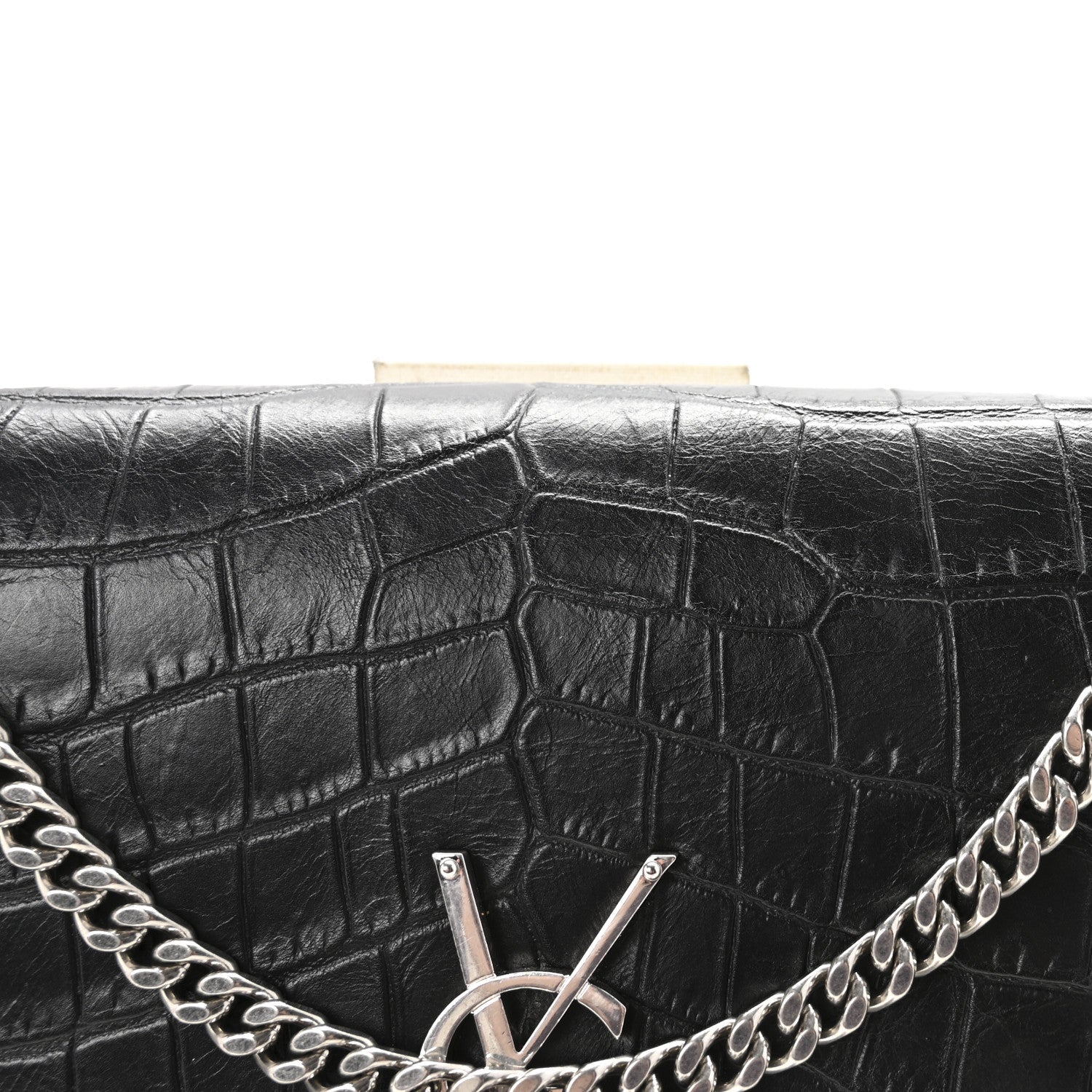 Calfskin Crocodile Embossed Medium Classic Monogram Kate Tassel Satchel Black