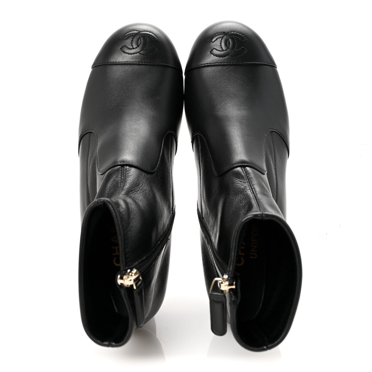 Stretch Lambskin Cap Toe CC Uniform Short Boots  35 Black