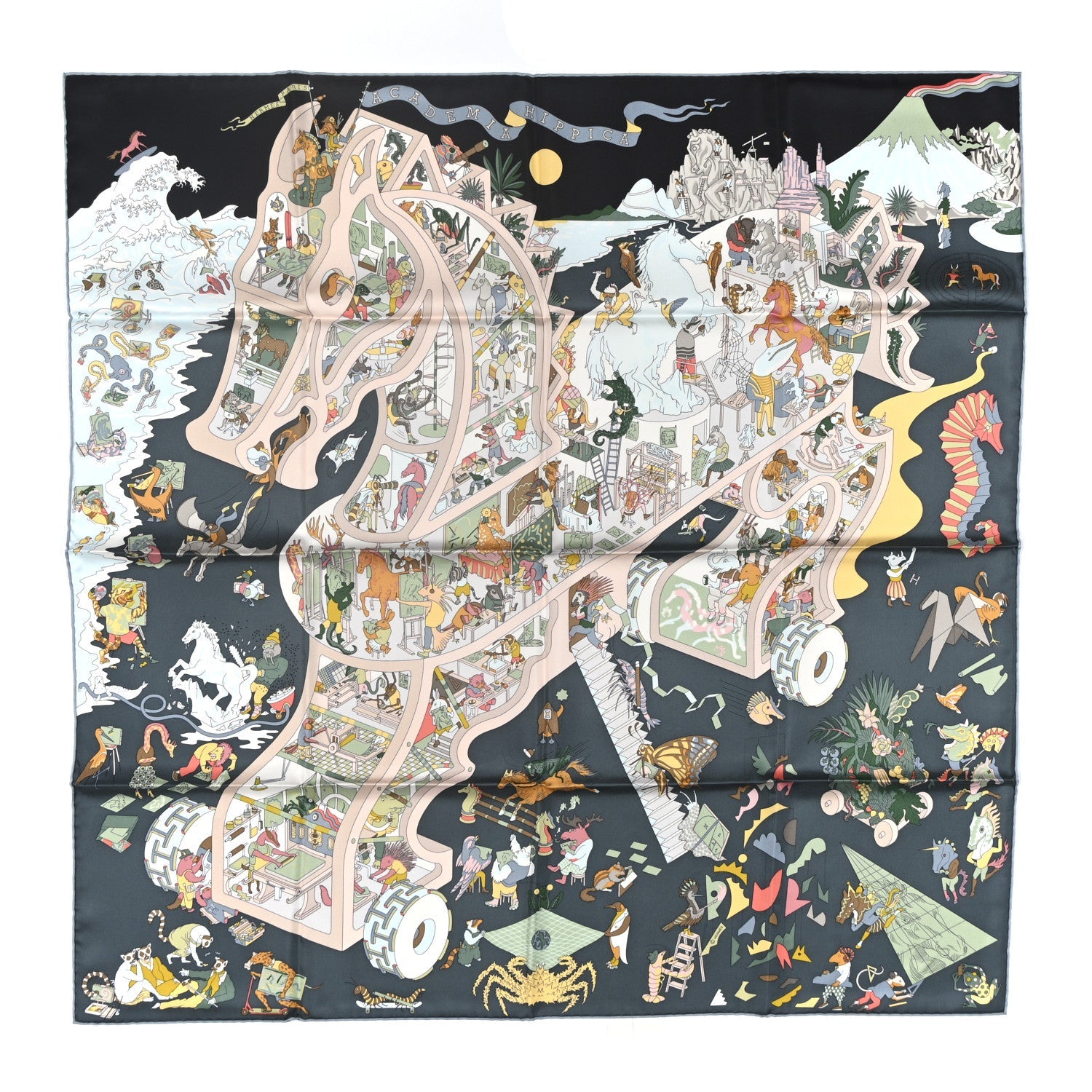 Silk Academia Hippica Scarf 90 Black Ardoise Rose