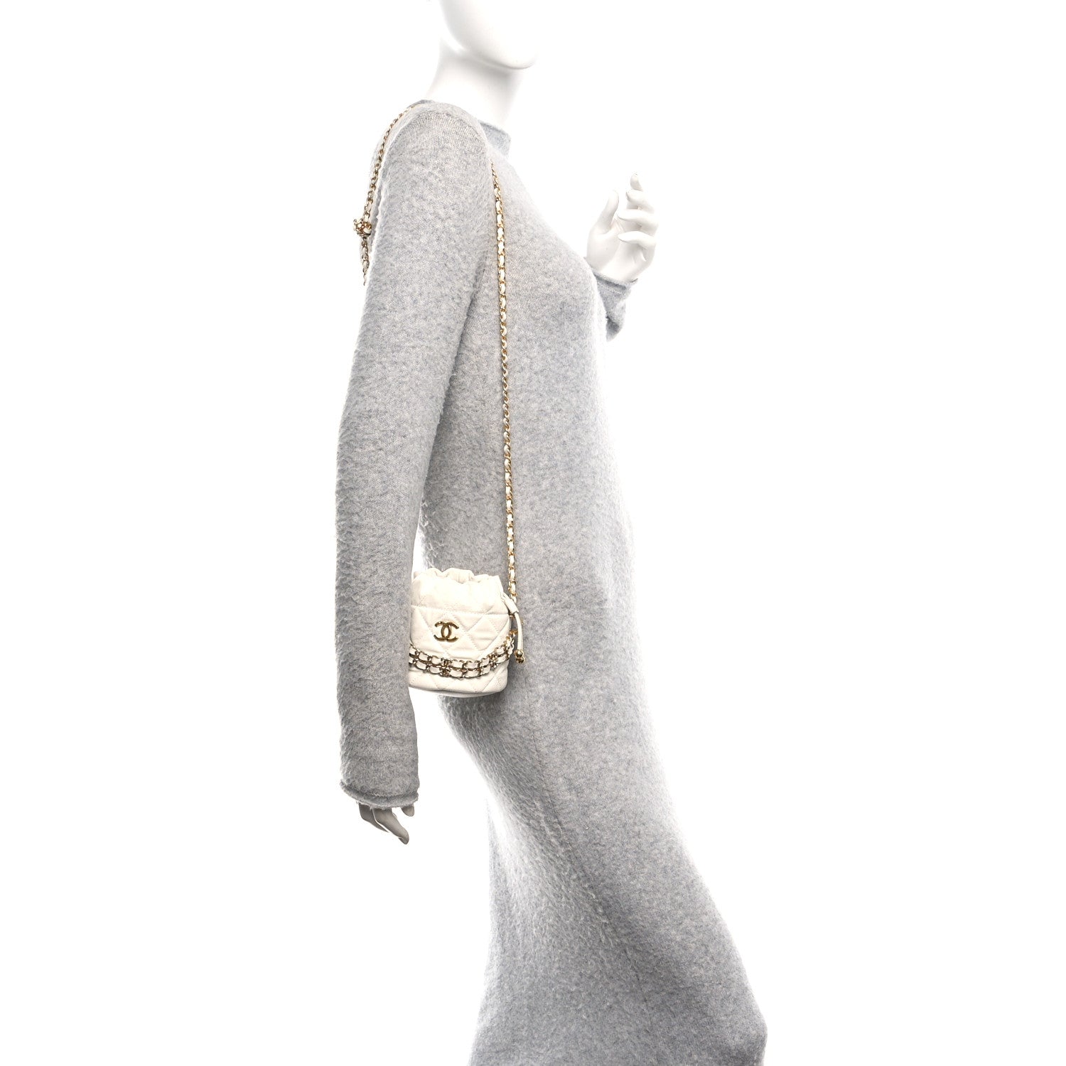 Caviar Quilted Coco First Bucket Clutch With Chain White