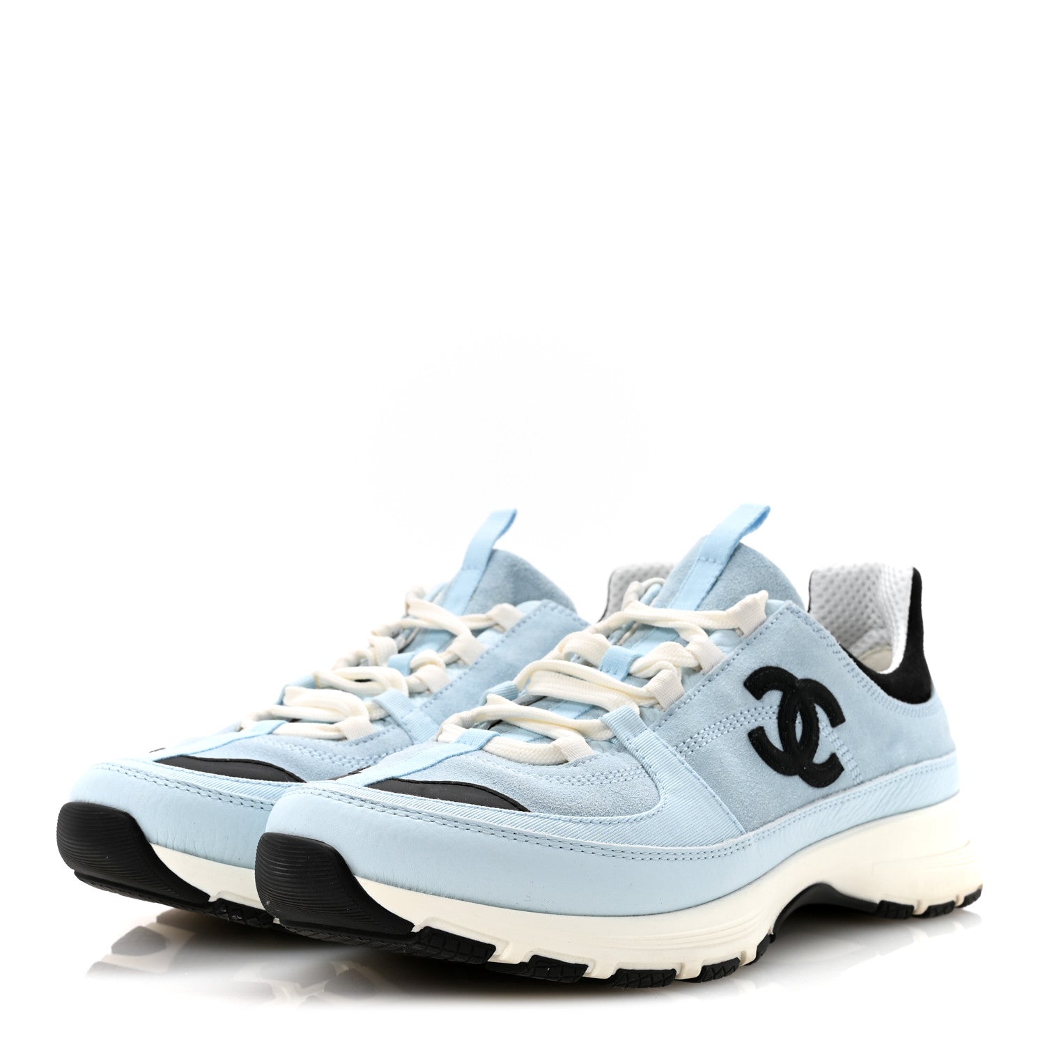 Suede Calfskin Grosgrain Womens CC Sneakers 40 Light Blue Black