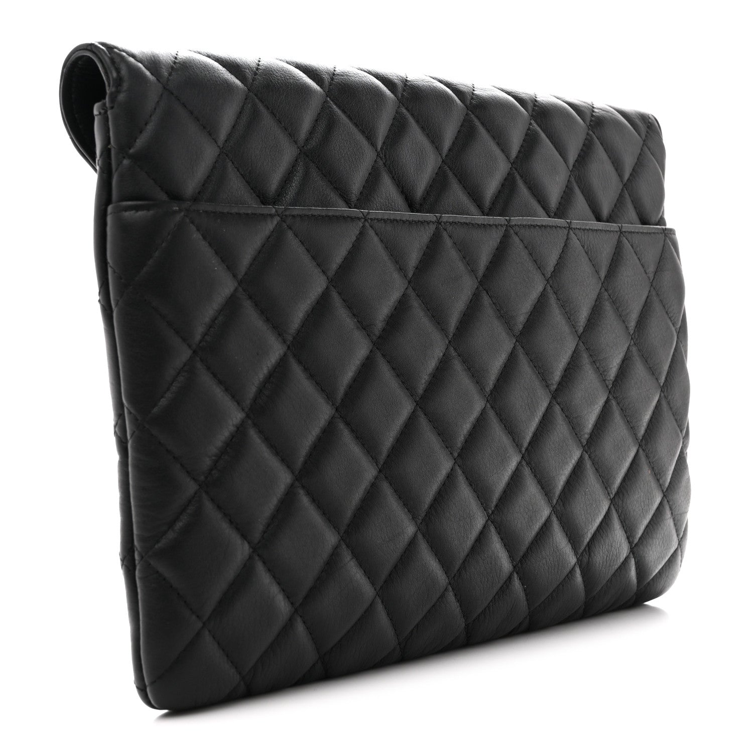 Calfskin Quilted Front Logo Enchained Clutch Black