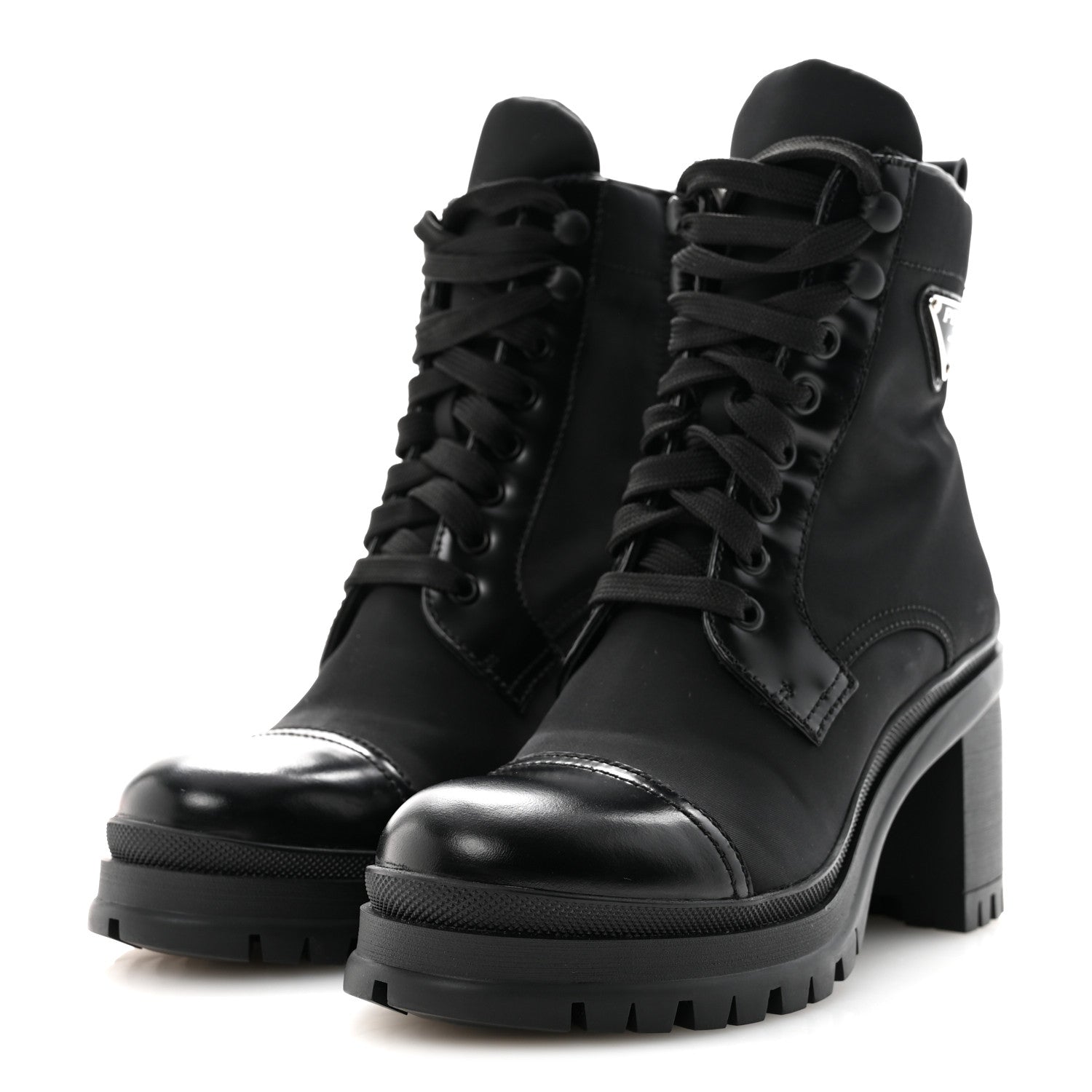 Spazzolato Re-Nylon Metal Triangle Logo Lace Up 85mm Ankle Boots 39 Black