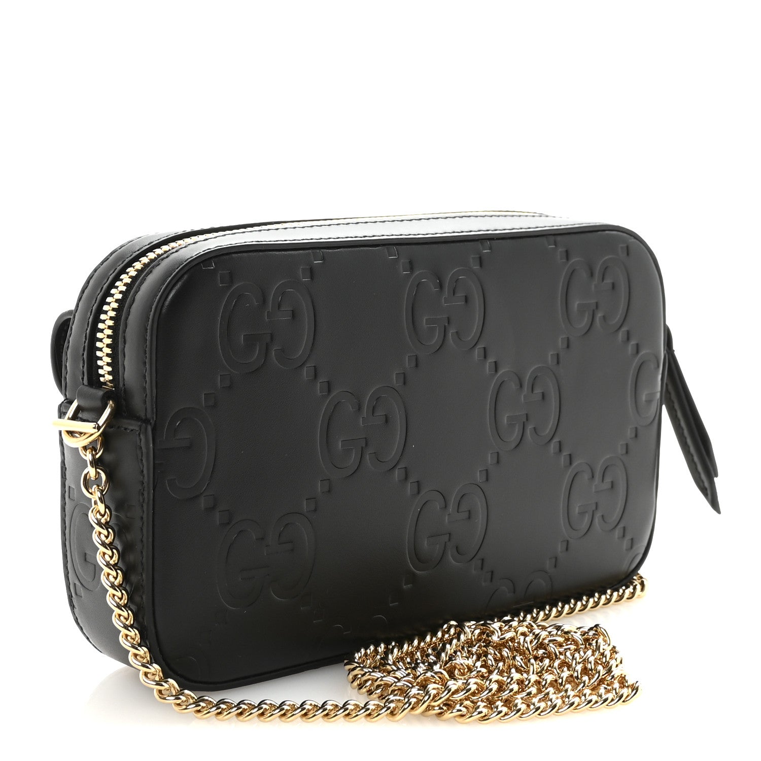 Calfskin GG Super Mini Debossed Chain Wallet Black