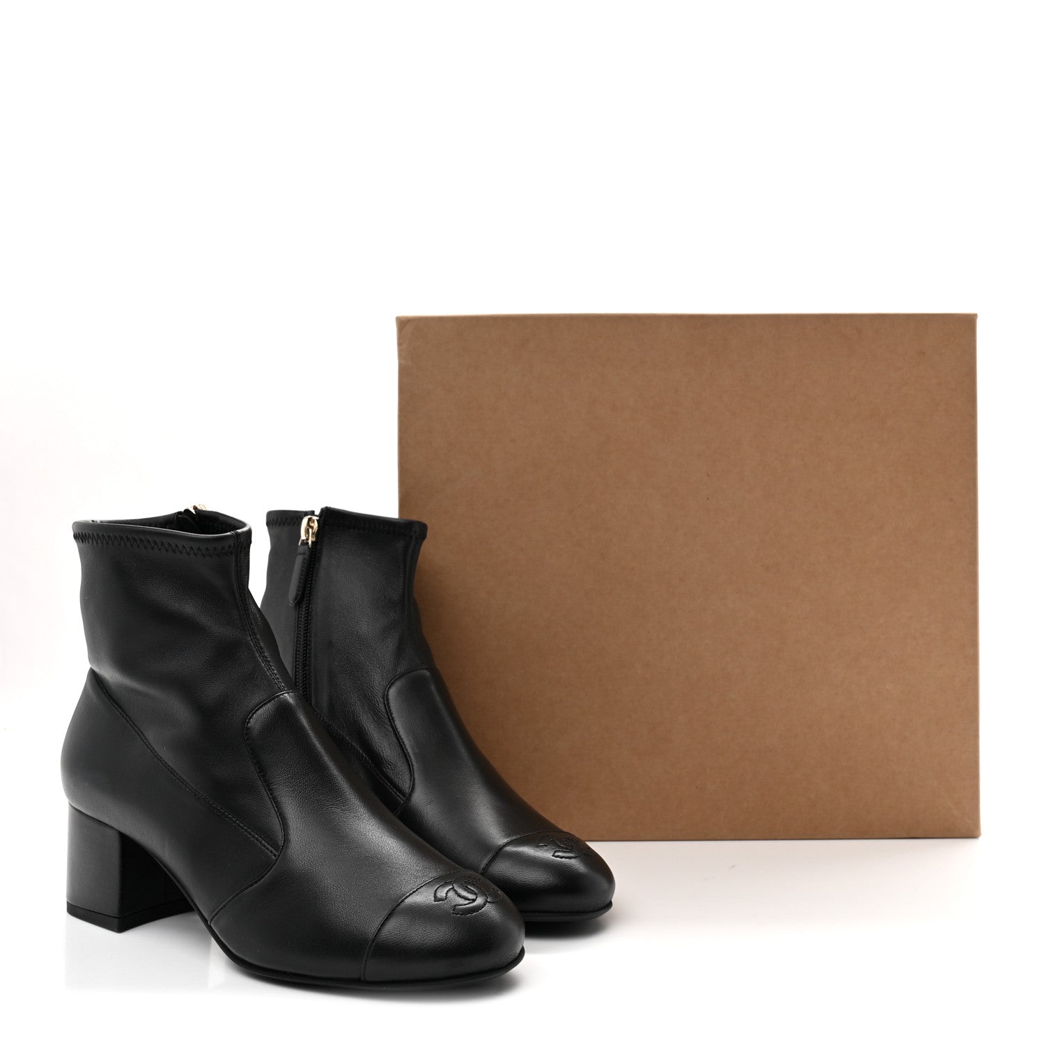 Stretch Lambskin Cap Toe CC Short Boots 37.5 Black
