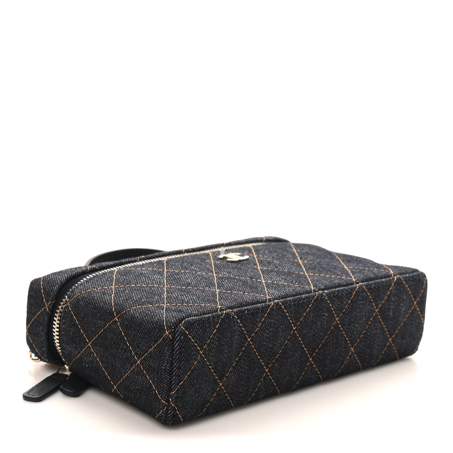 Denim Quilted Top Handle Slim Vanity Case With Chain Dark Blue Orange
