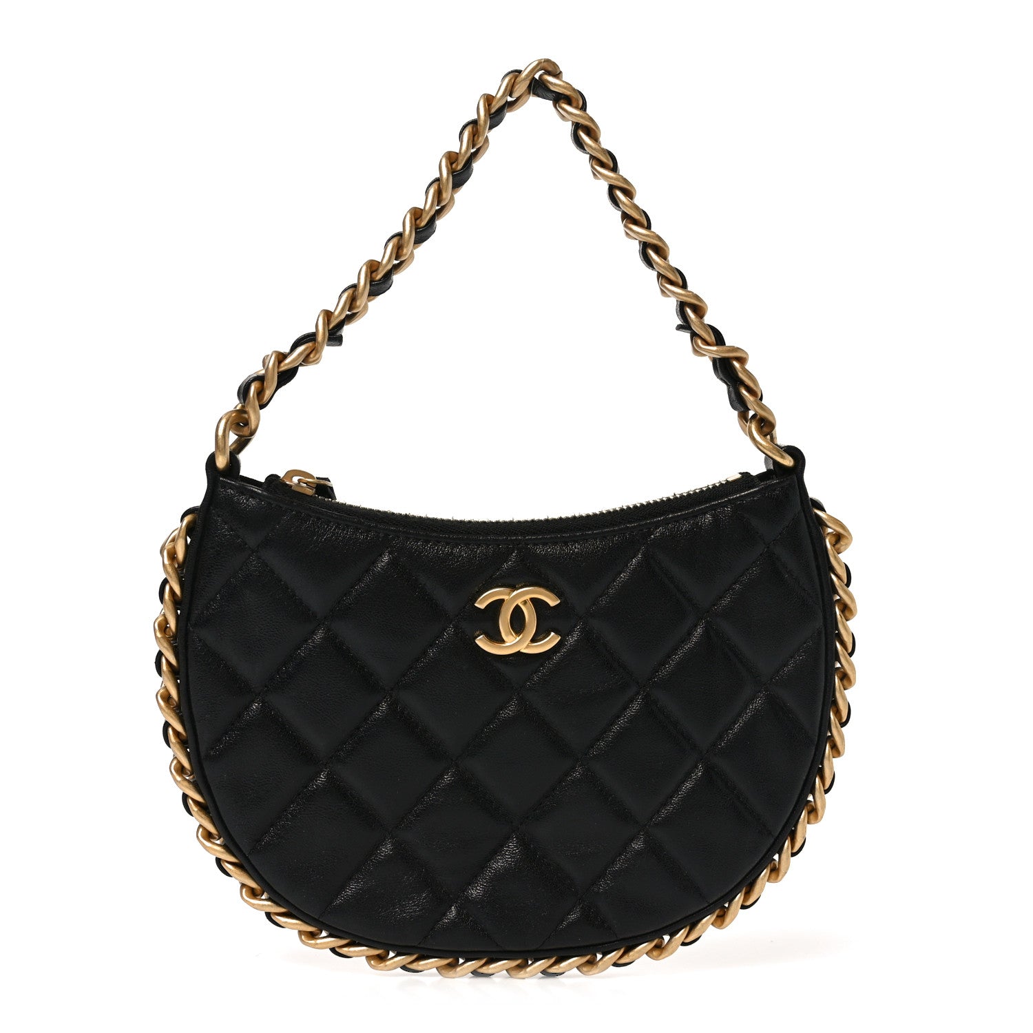 Shiny Crumbled Lambskin Quilted Round Small CC Hobo Black