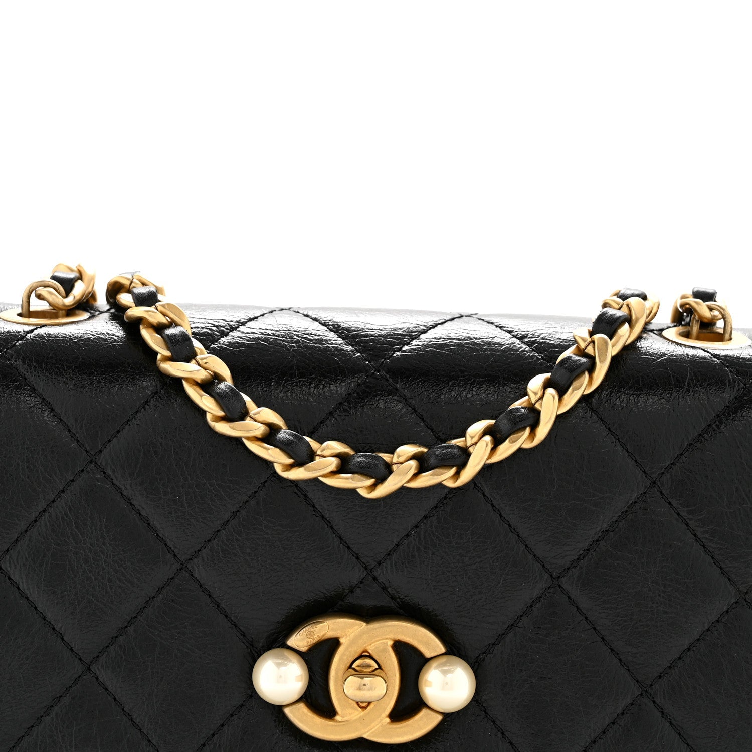 Glazed Calfskin Quilted Mini Pearl Side Flap Black