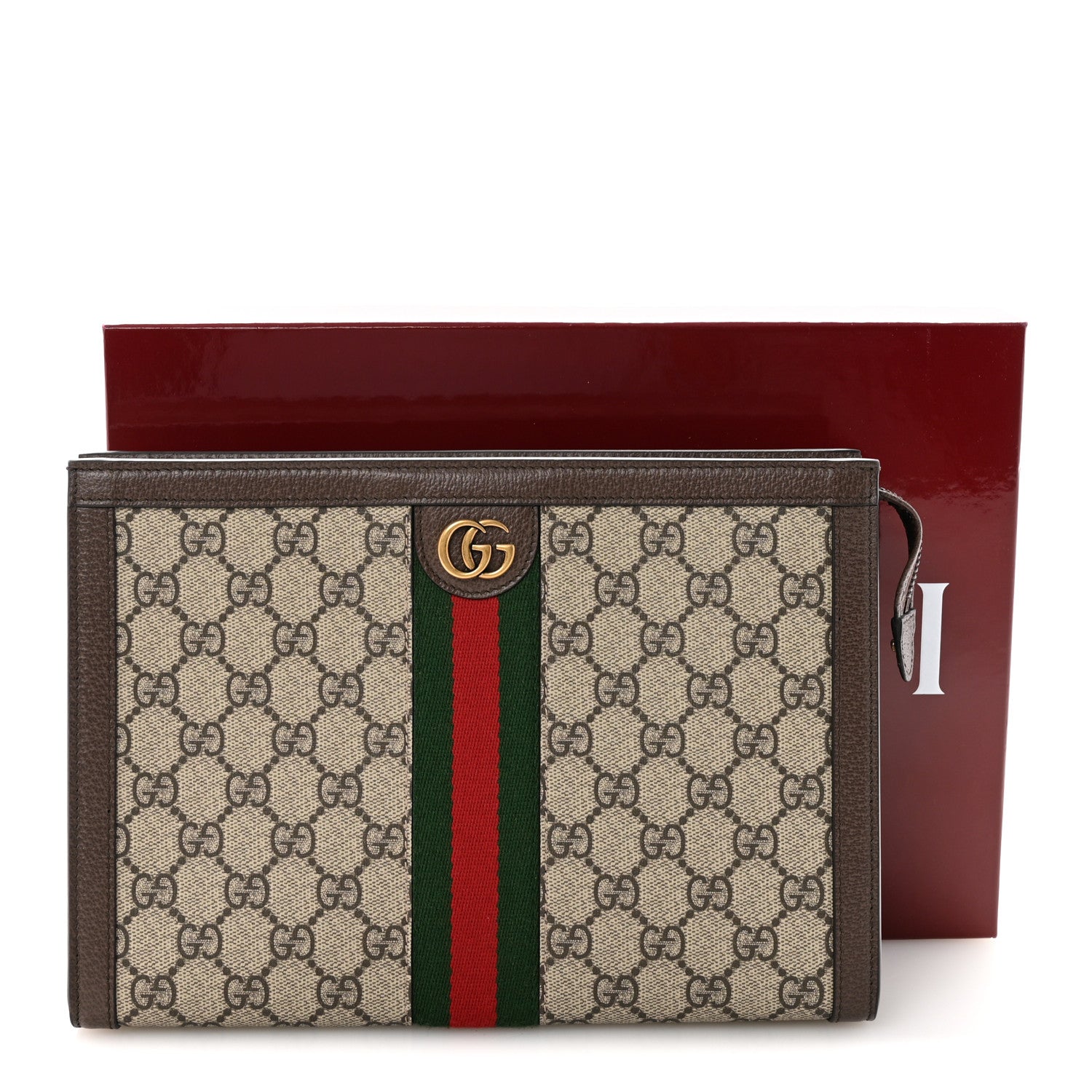 GG Supreme Monogram Textured Dollar Calfskin Web Small Ophidia Wristlet Pouch Beige Ebony New Acero