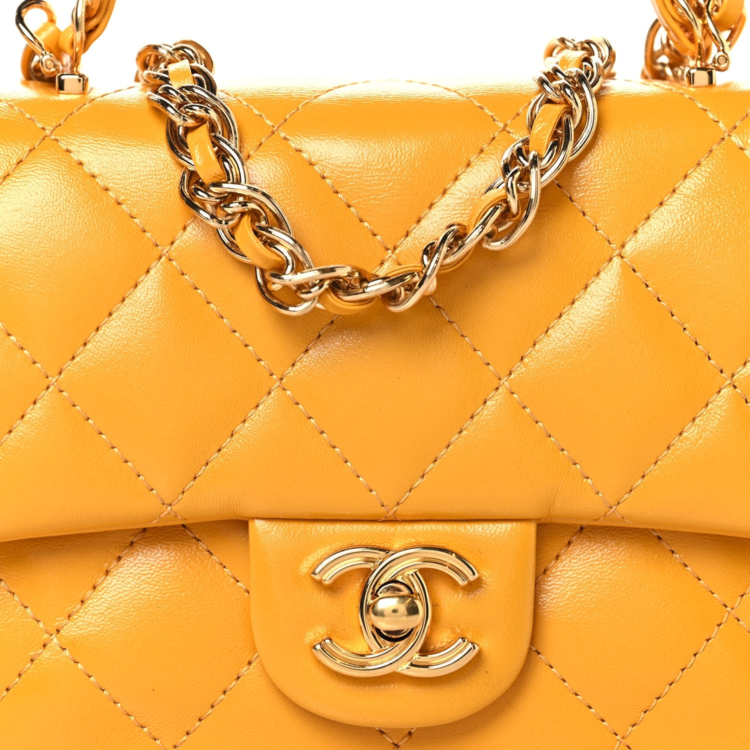 Shiny Lambskin Quilted Golden Links Top Handle Flap Yellow