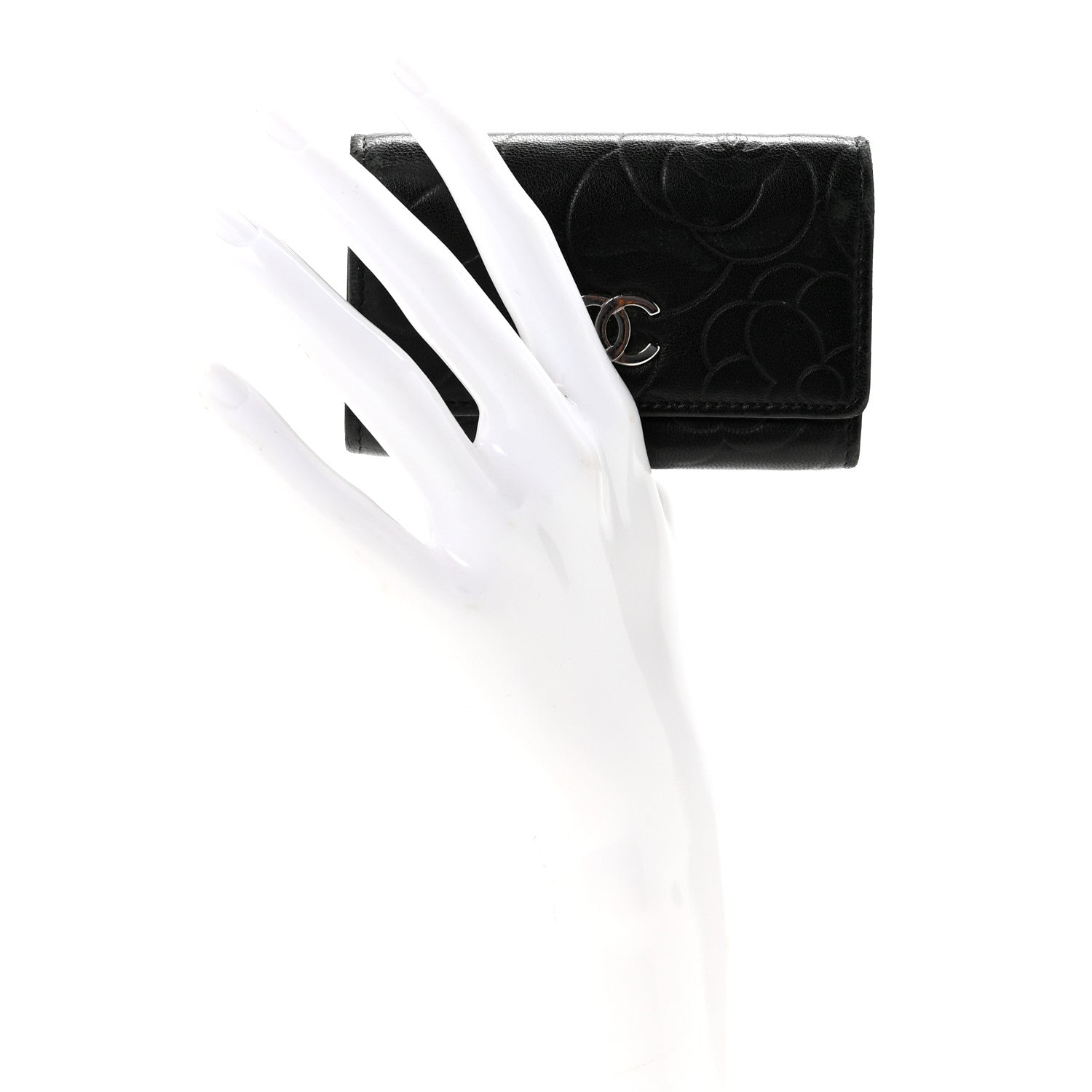 Lambskin Camellia Embossed 6 Key Holder Black