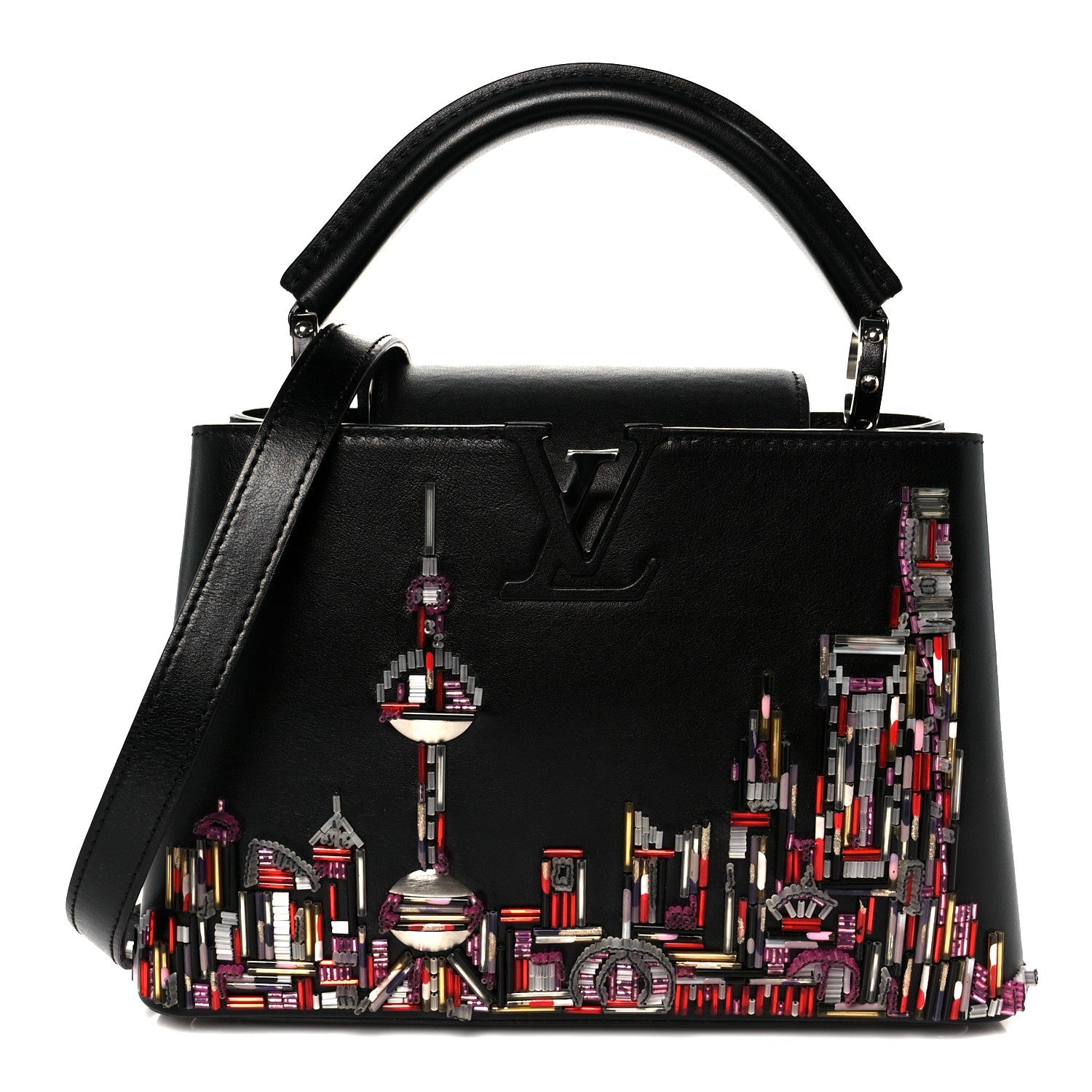 Calfskin Karung Beaded Shanghai Skyline Capucines BB Black