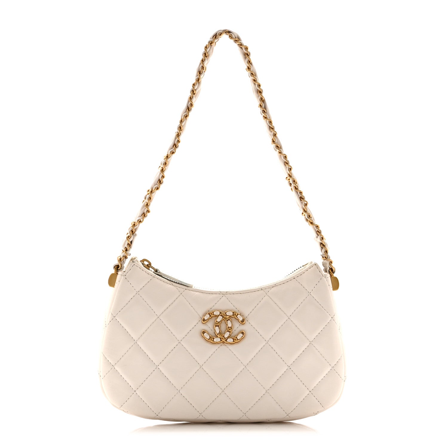 Aged Calfskin Quilted Small Chanel 19 Hobo White