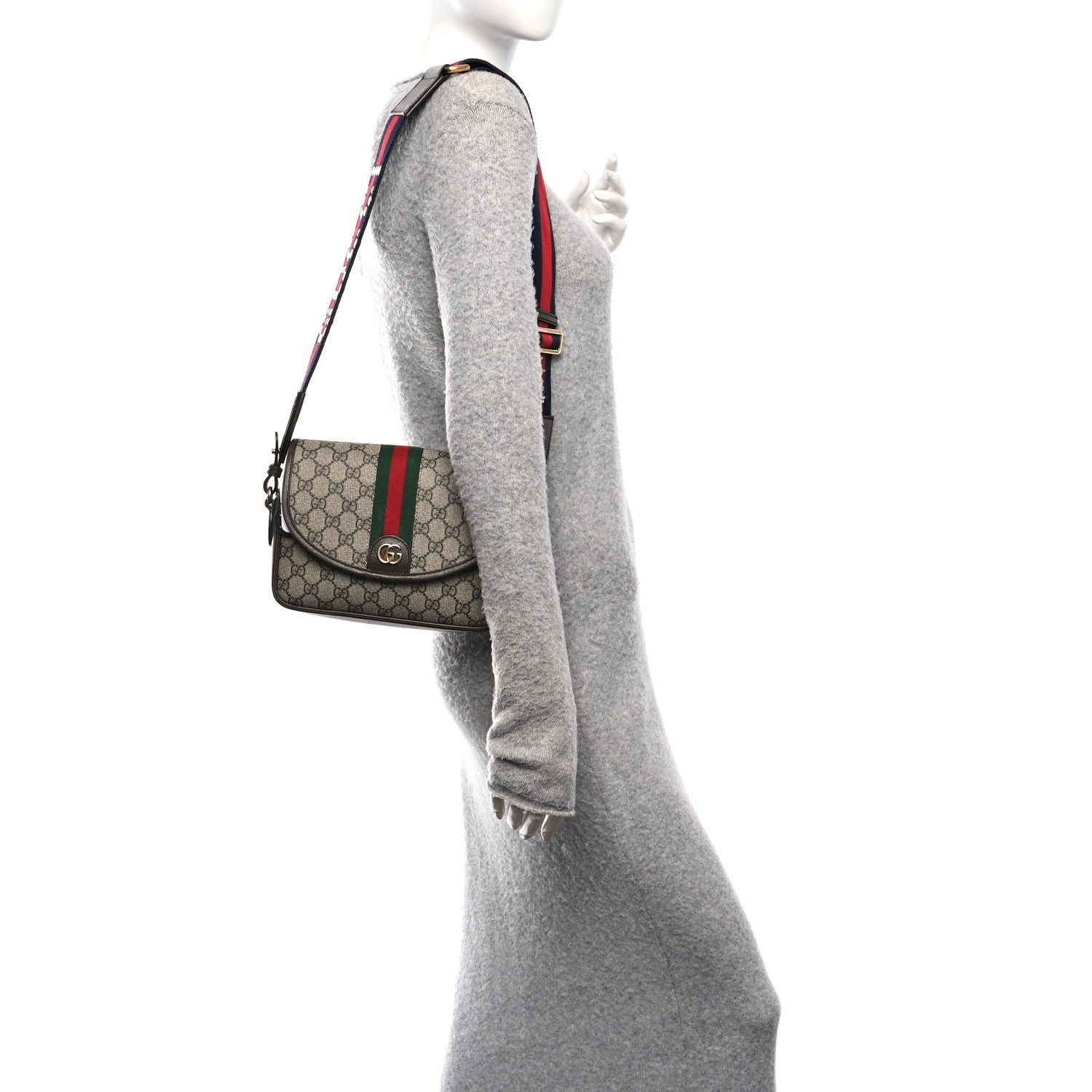 GG Supreme Monogram Textured Dollar Calfskin Web Studded Mini Ophidia Flap Shoulder Bag Beige Ebony New Acero