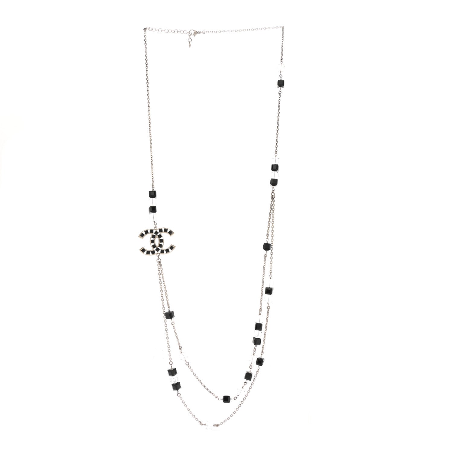Crystal Bead CC Long Necklace Silver Black Transparent