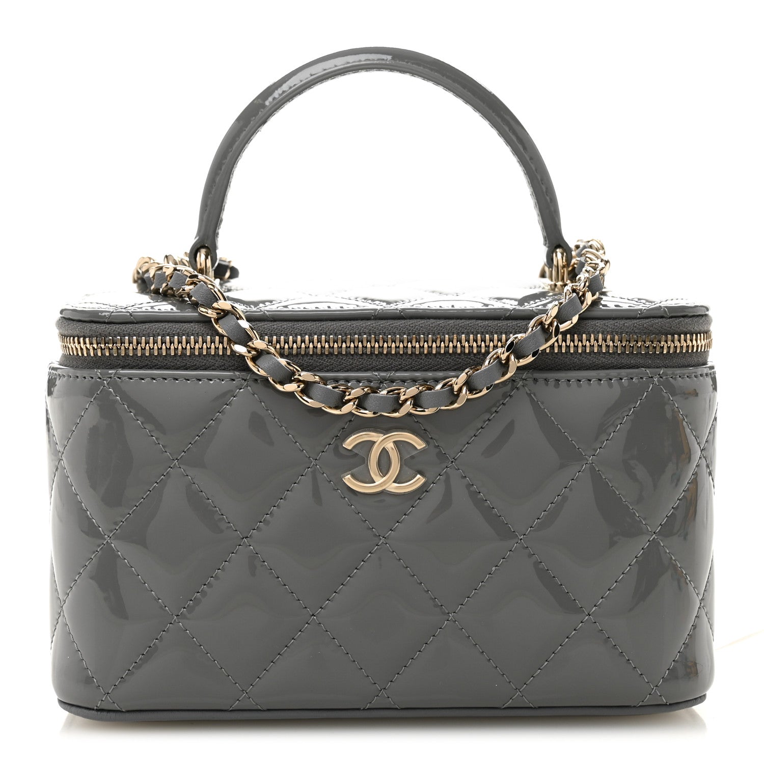 Patent Quilted Quilted Small Top Handle Vanity Case With Chain Grey