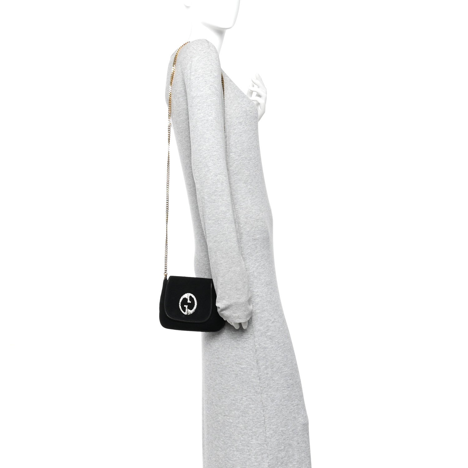 Suede Crystal 1973 Small Chain Shoulder Bag Black