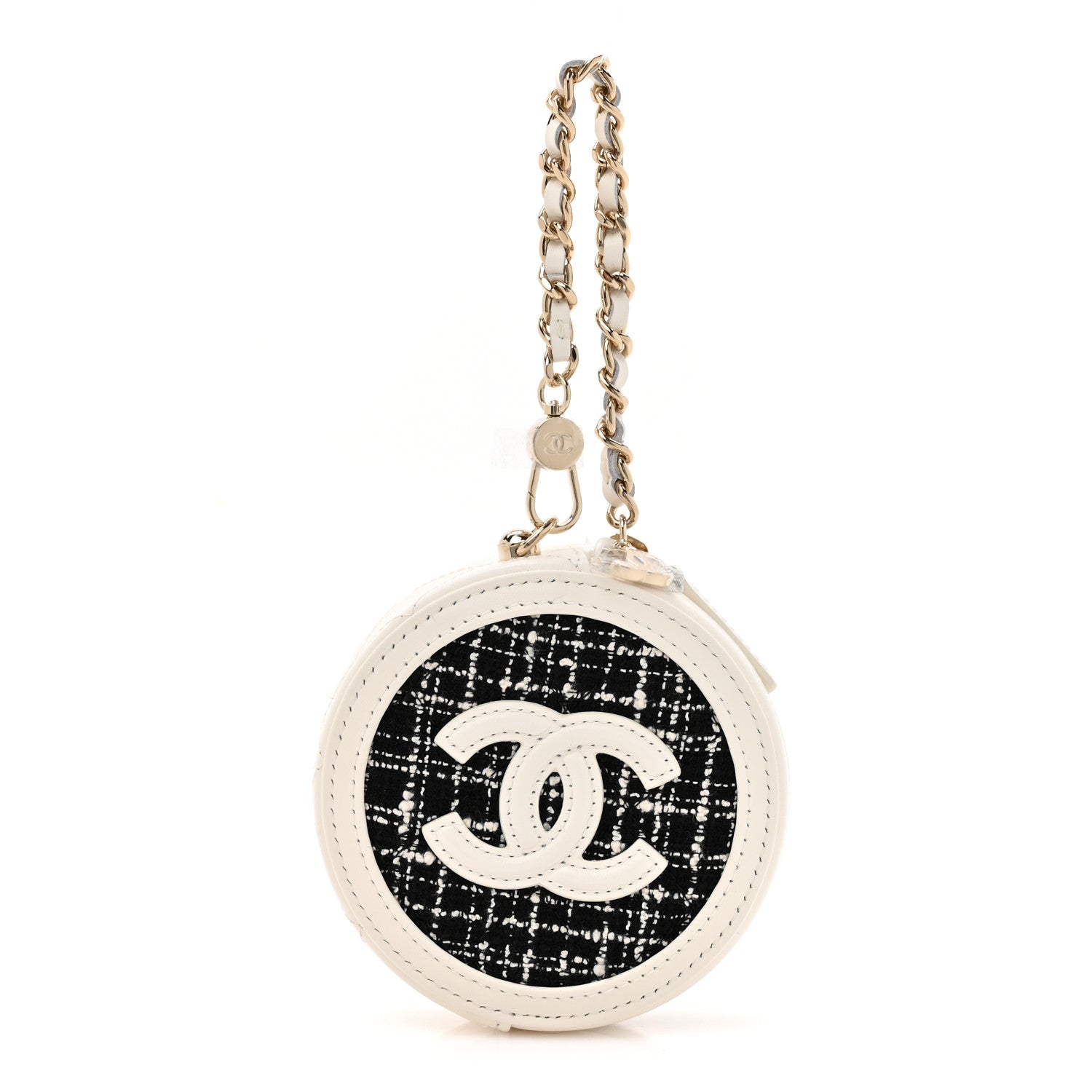 Tweed Quilted Round Filigree Pouch With Chain White Black