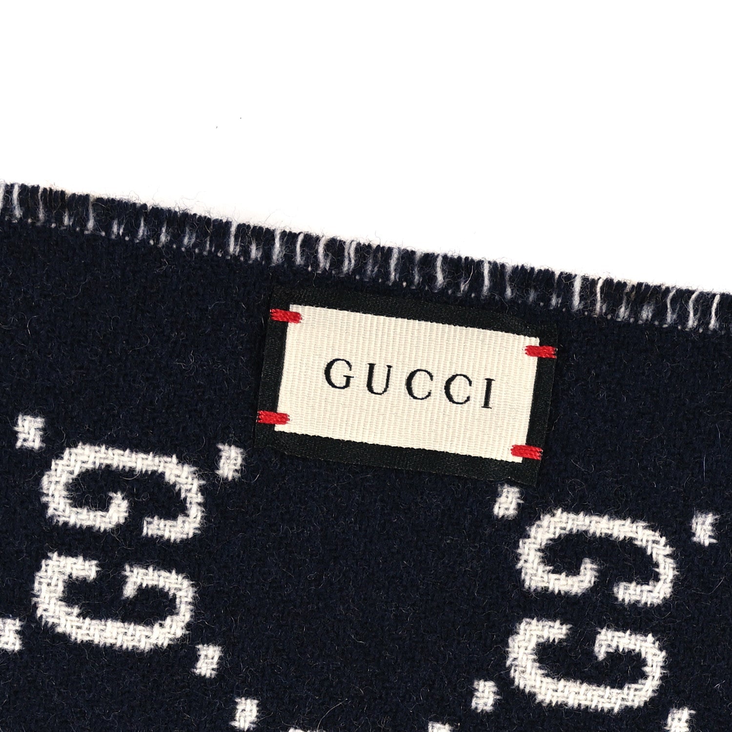Wool GG Monogram Plaid Rise Reversible Fringe Scarf Midnight Blue Cream