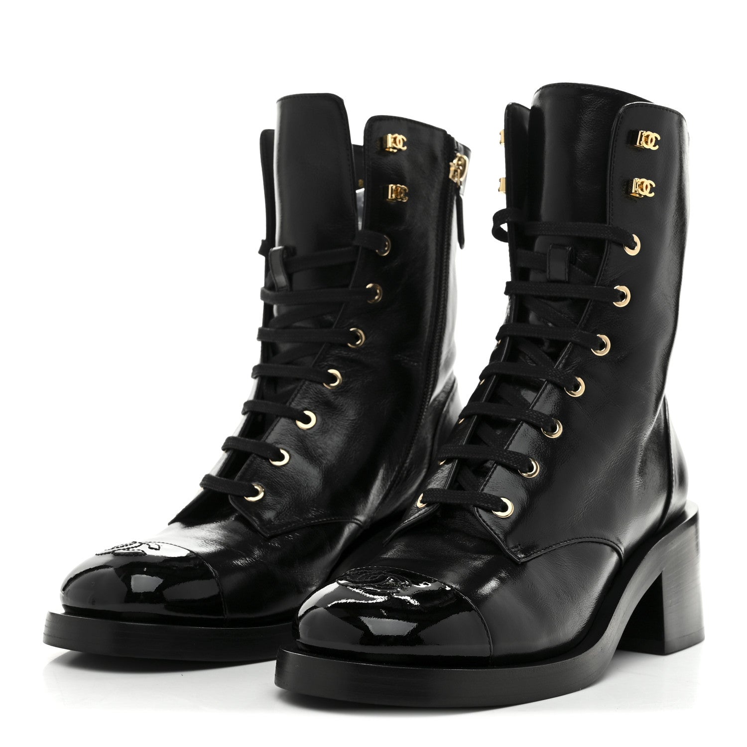 Shiny Calfskin Patent Cap Toe Lace Up Combat Boots 39 Black