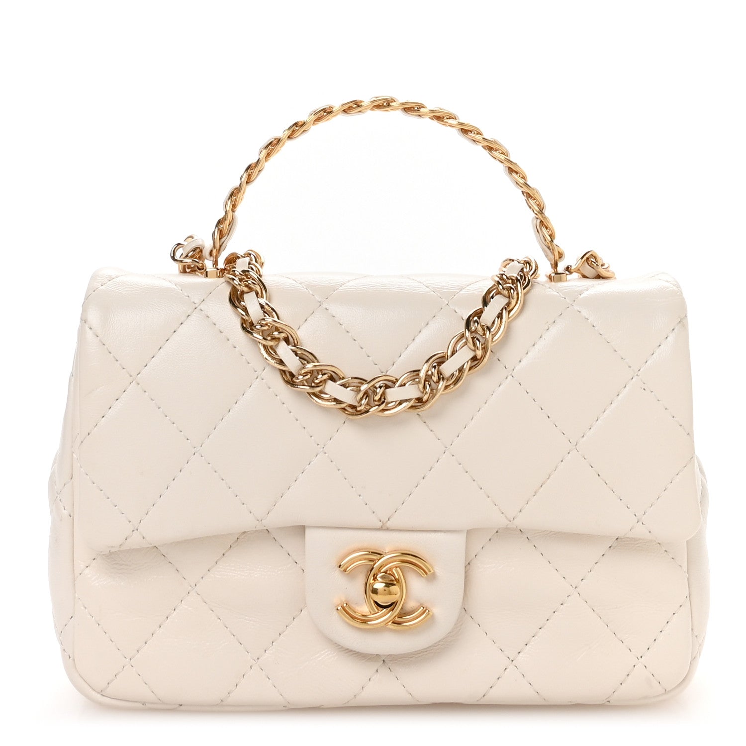 Shiny Lambskin Quilted Golden Links Top Handle Flap White