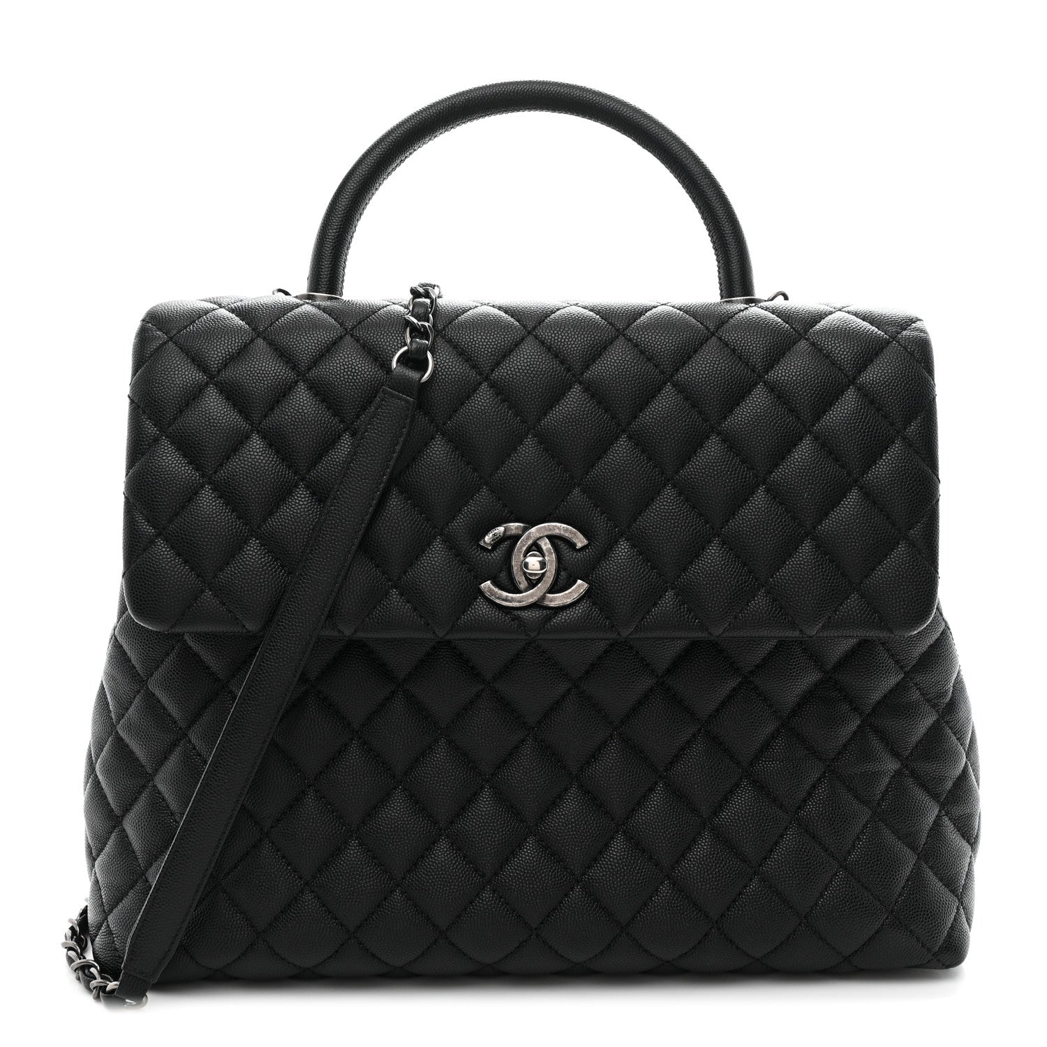 Caviar Quilted Large Coco Handle Flap Black