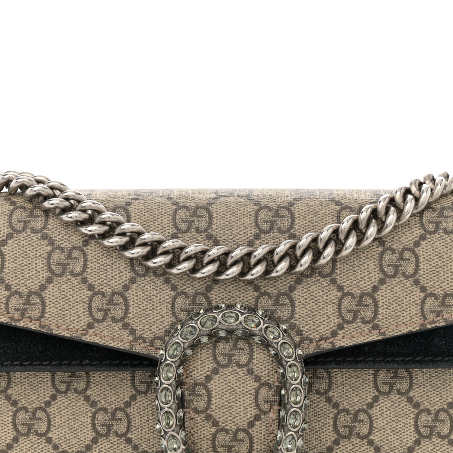 GG Supreme Monogram Suede Crystal Small Dionysus Shoulder Bag Beige Ebony Black