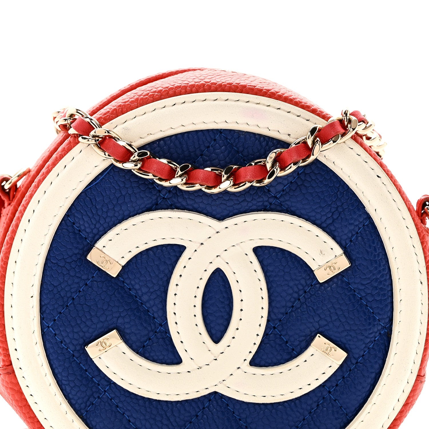 Caviar Quilted Round Filigree Crossbody Blue White Red
