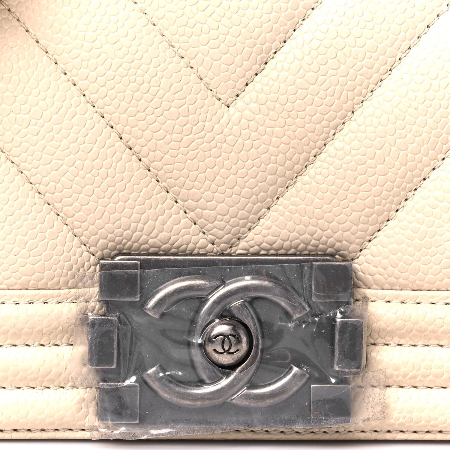 Caviar Chevron Quilted Small Boy Flap Light Beige