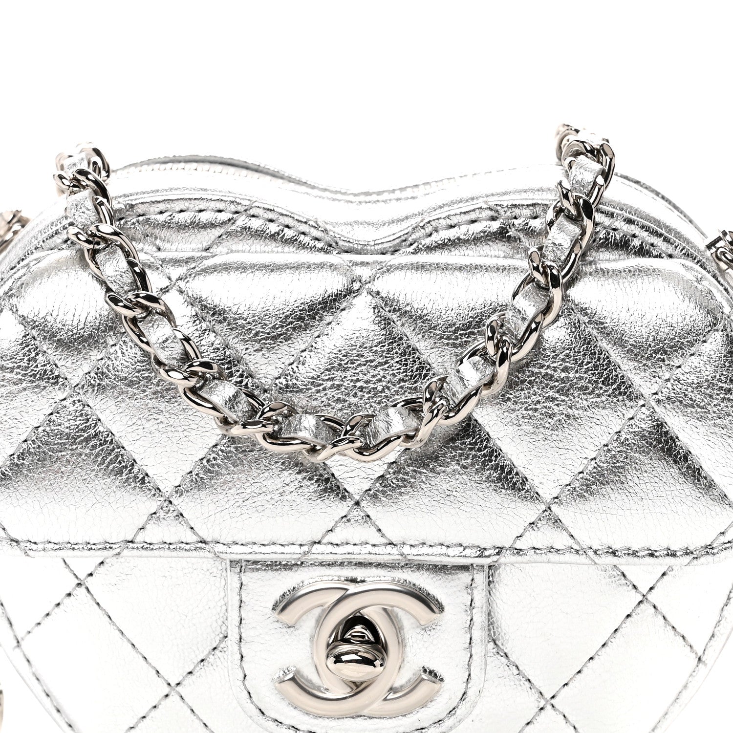 Metallic Lambskin Quilted CC In Love Heart Clutch With Chain Silver