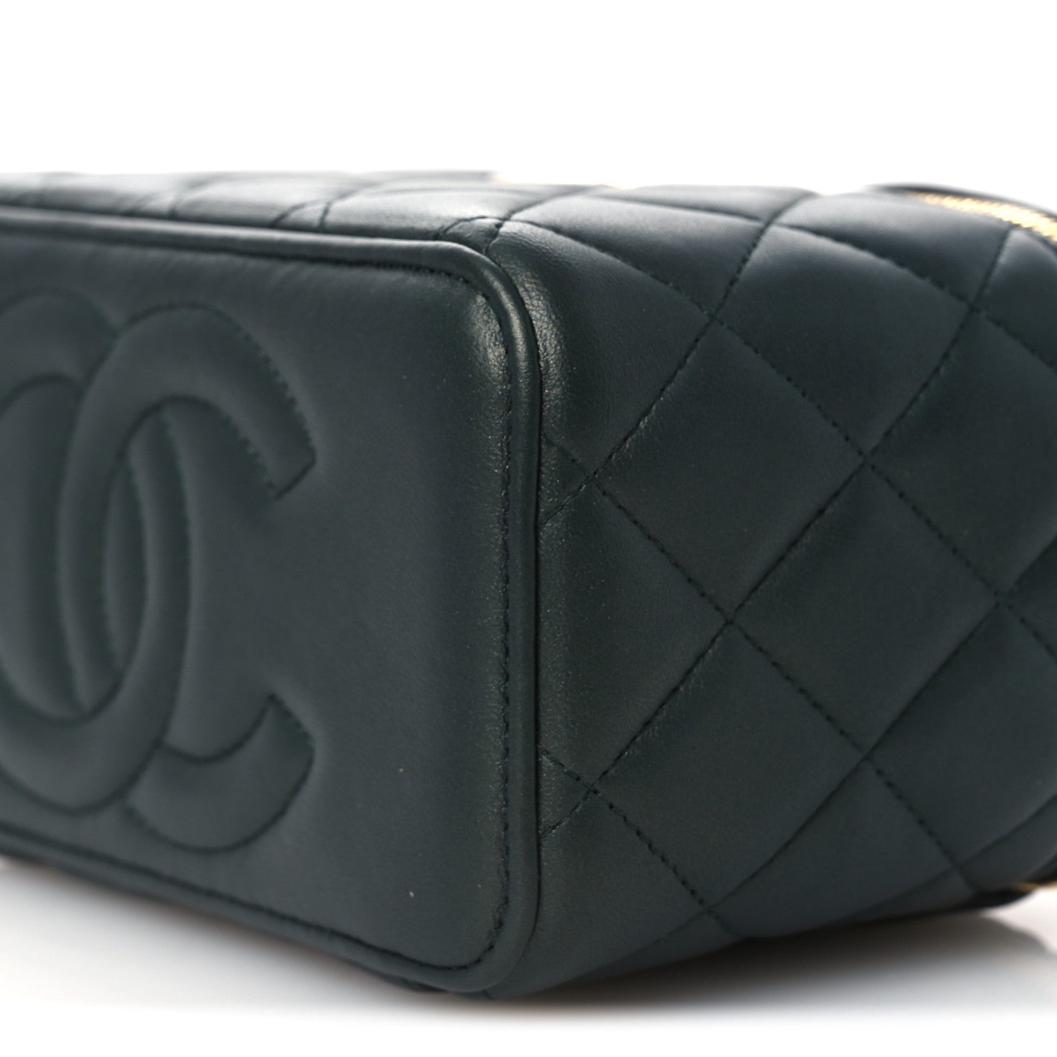 Iridescent Lambskin Quilted Small Top Handle Vanity Case With Chain Green
