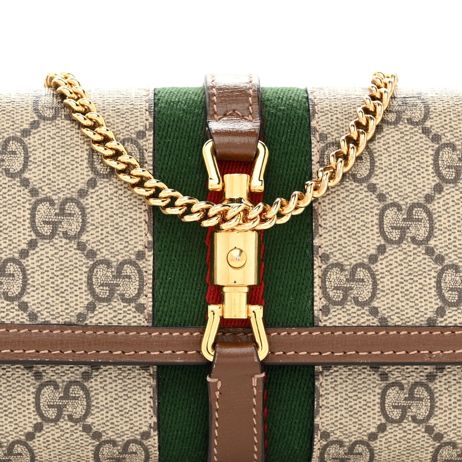 GG Supreme Monogram Azalea Calfskin Web Jackie 1961 Chain Wallet Beige Ebony Brown Sugar