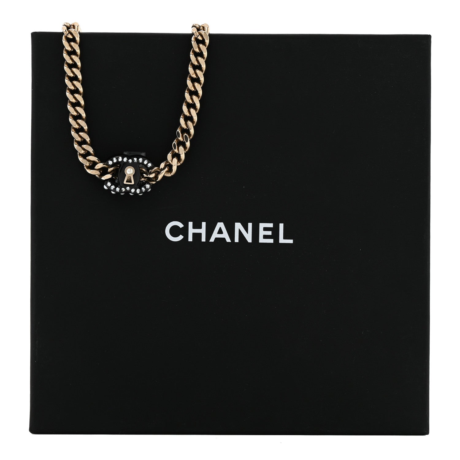 Crystal Pearl CC Lock Short Necklace Gold Black