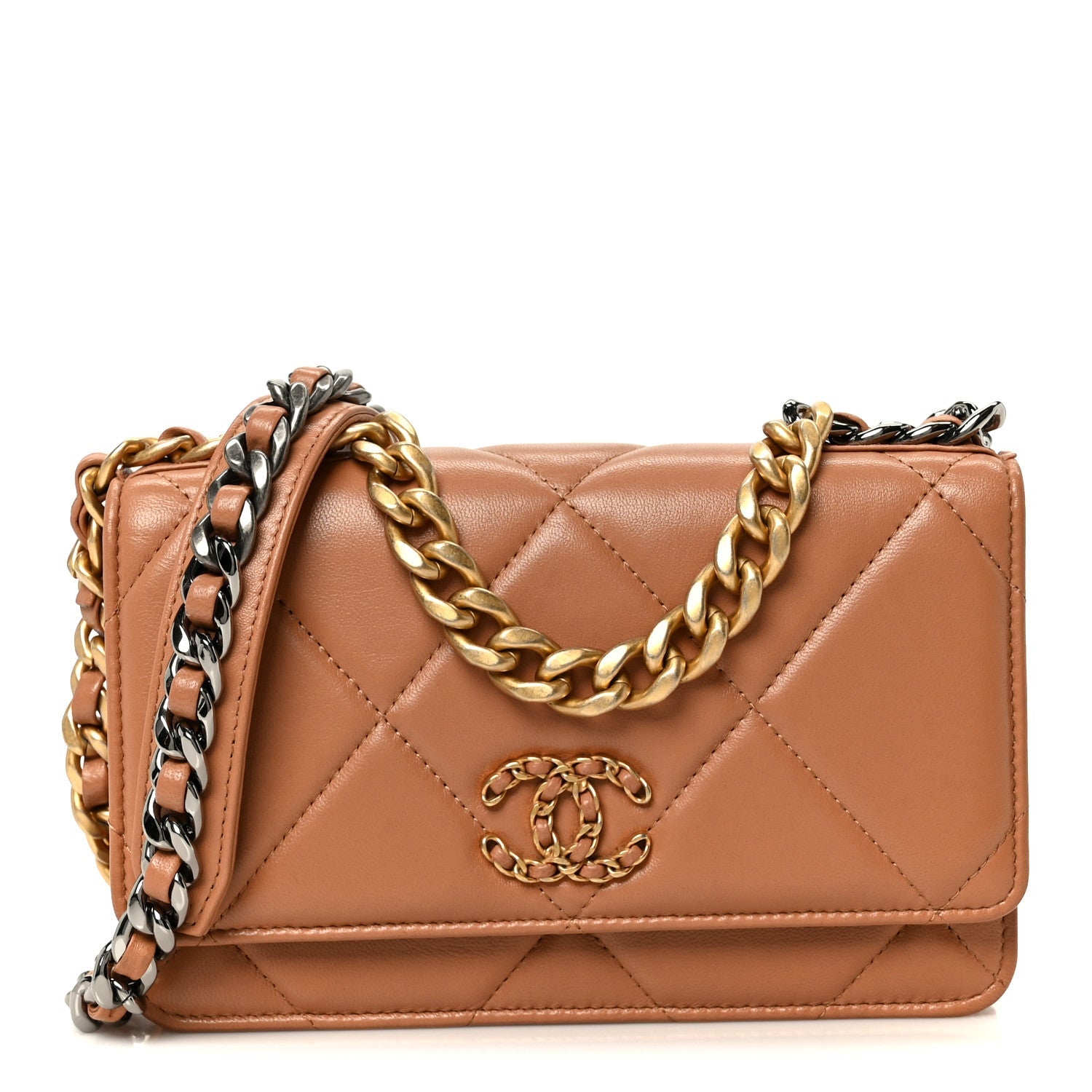 Lambskin Quilted Chanel 19 Wallet On Chain WOC Brown