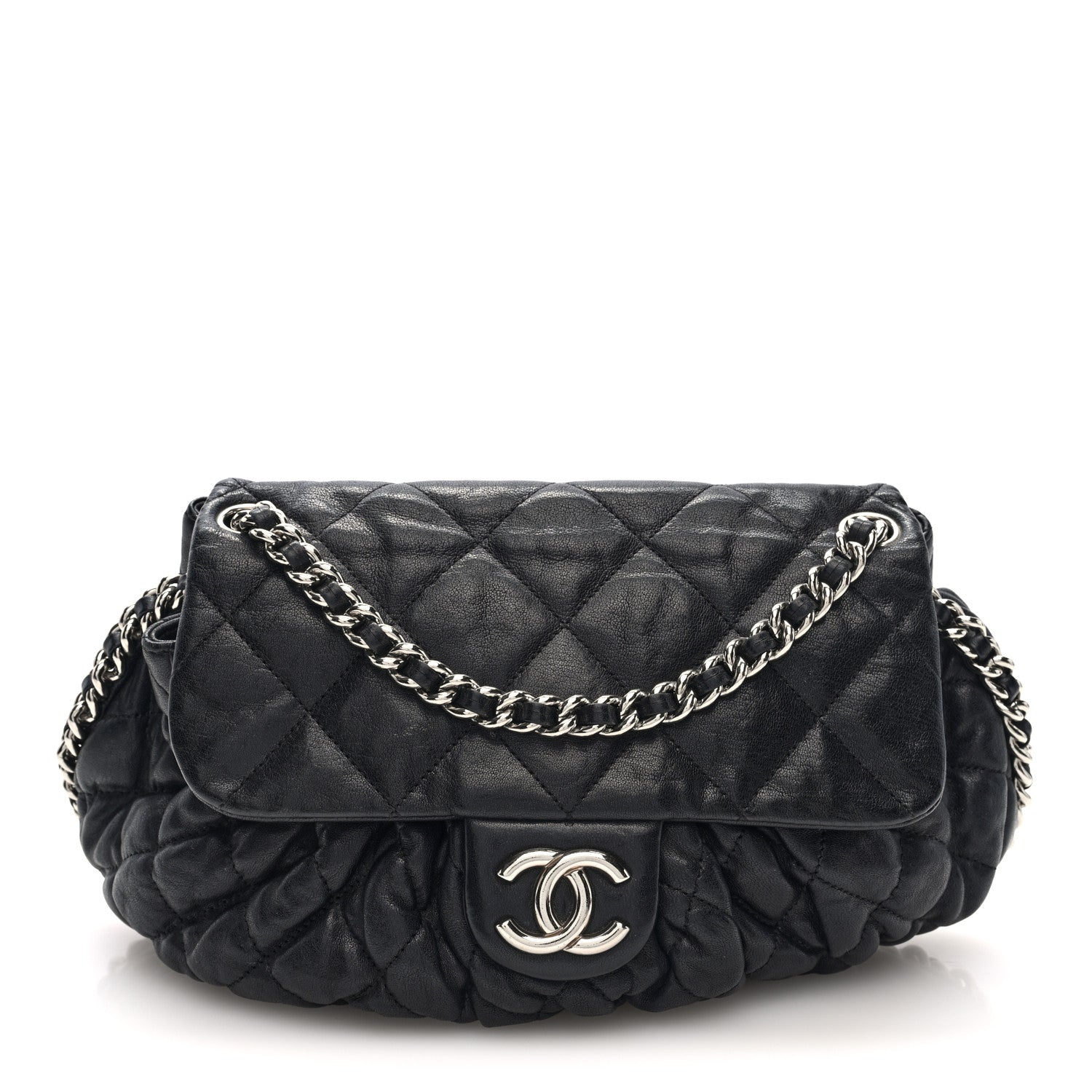 Washed Lambskin Quilted Medium Chain Around Messenger Black