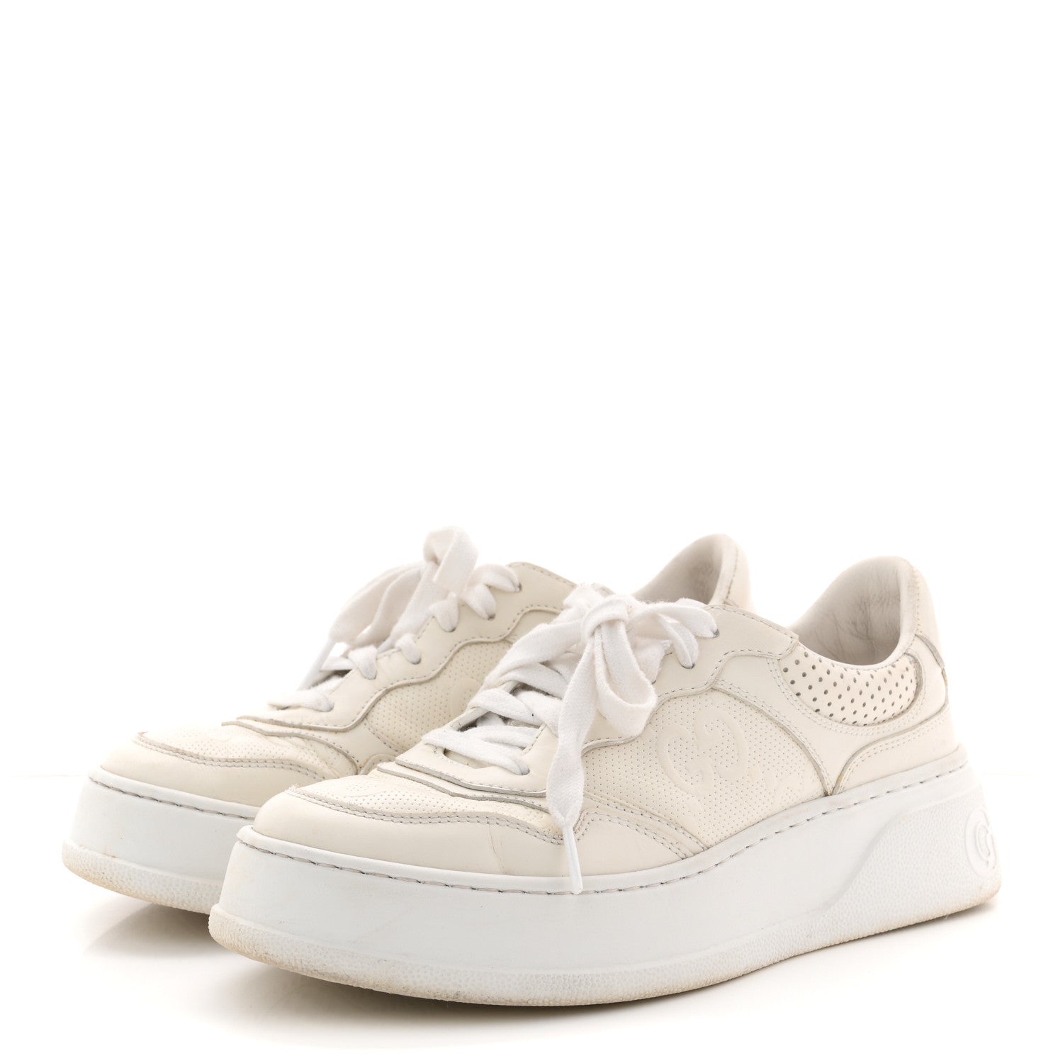 Calfskin GG Tennis Embossed Perforated Womens Platform 55mm Sneakers 37 Great White