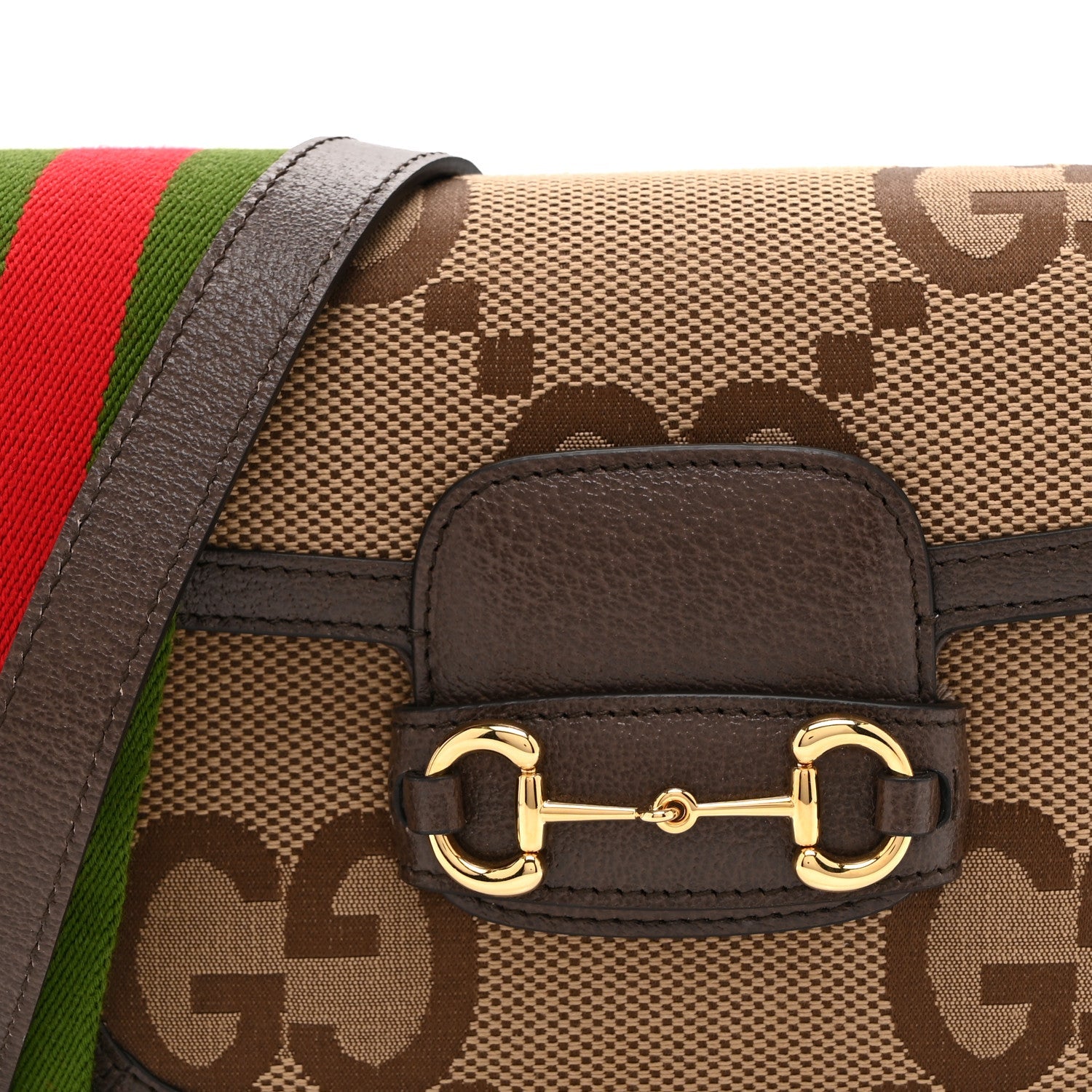 Monogram Jumbo GG Textured Dollar Calfskin Web Mini Horsebit 1955 Shoulder Bag Camel Ebony New Acero