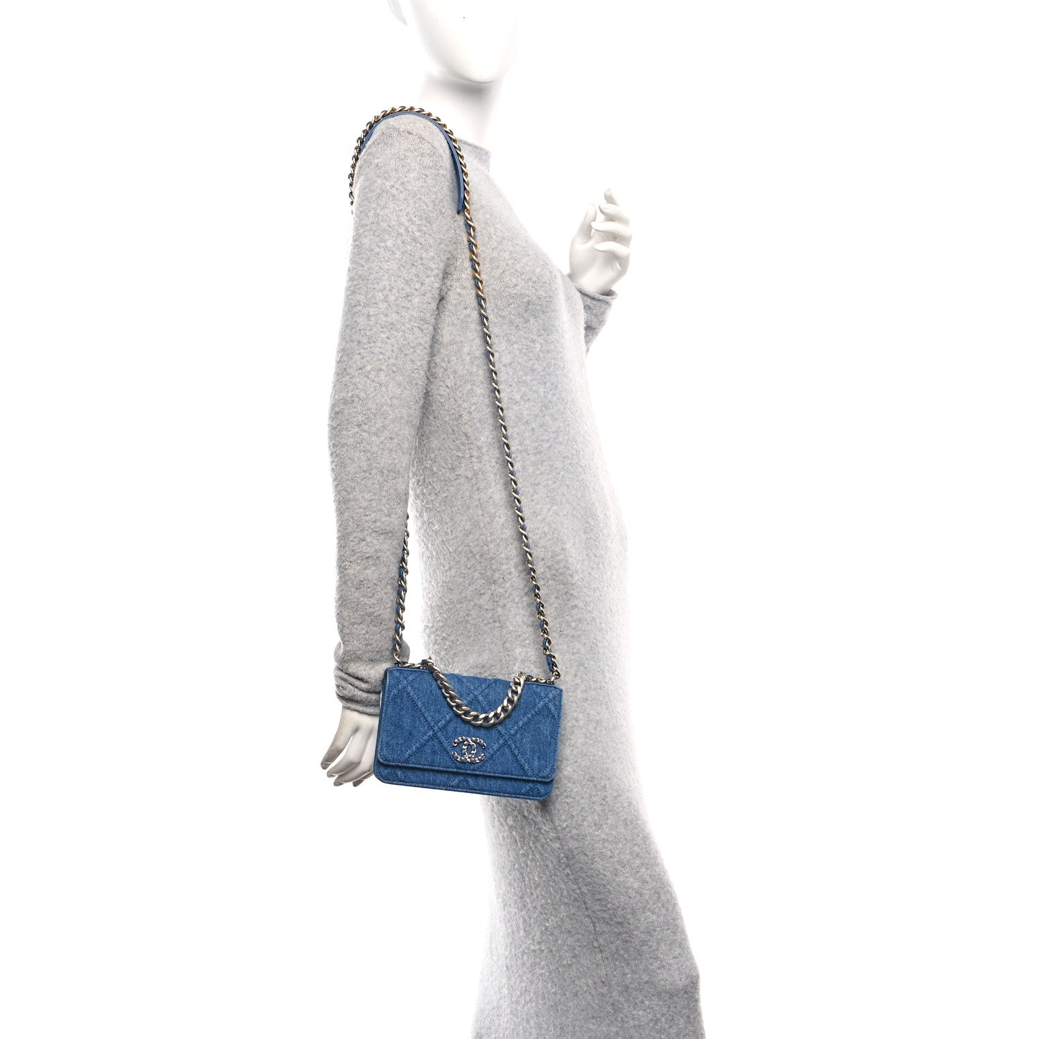 Denim Quilted Chanel 19 Wallet On Chain WOC Blue