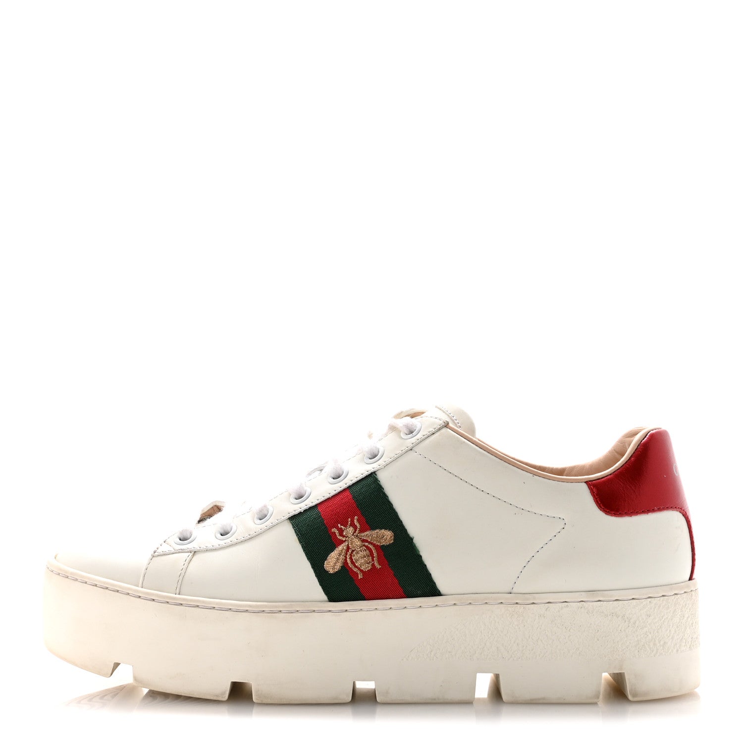Calfskin Web Bee Embroidered Womens Ace Platform Sneakers 38.5 White