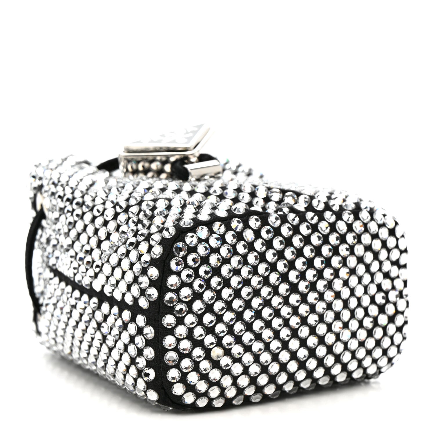 Satin Crystal Metal Triangle Logo Mini Drawcord Pouch Shoulder Bag Crystal