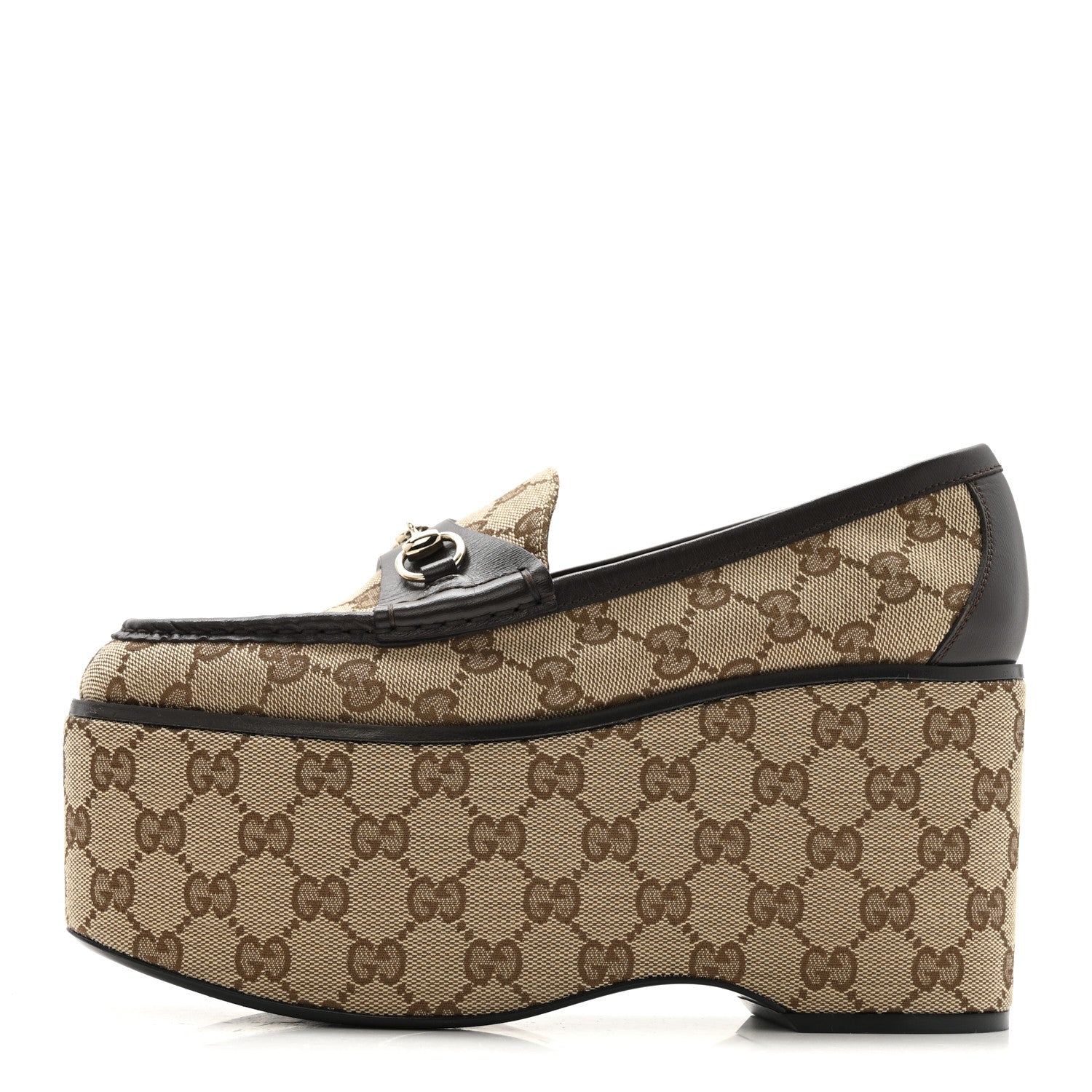Canvas GG Monogram Horsebit Calfskin Womens Horsebit Platform Loafers 38 Beige Ebony