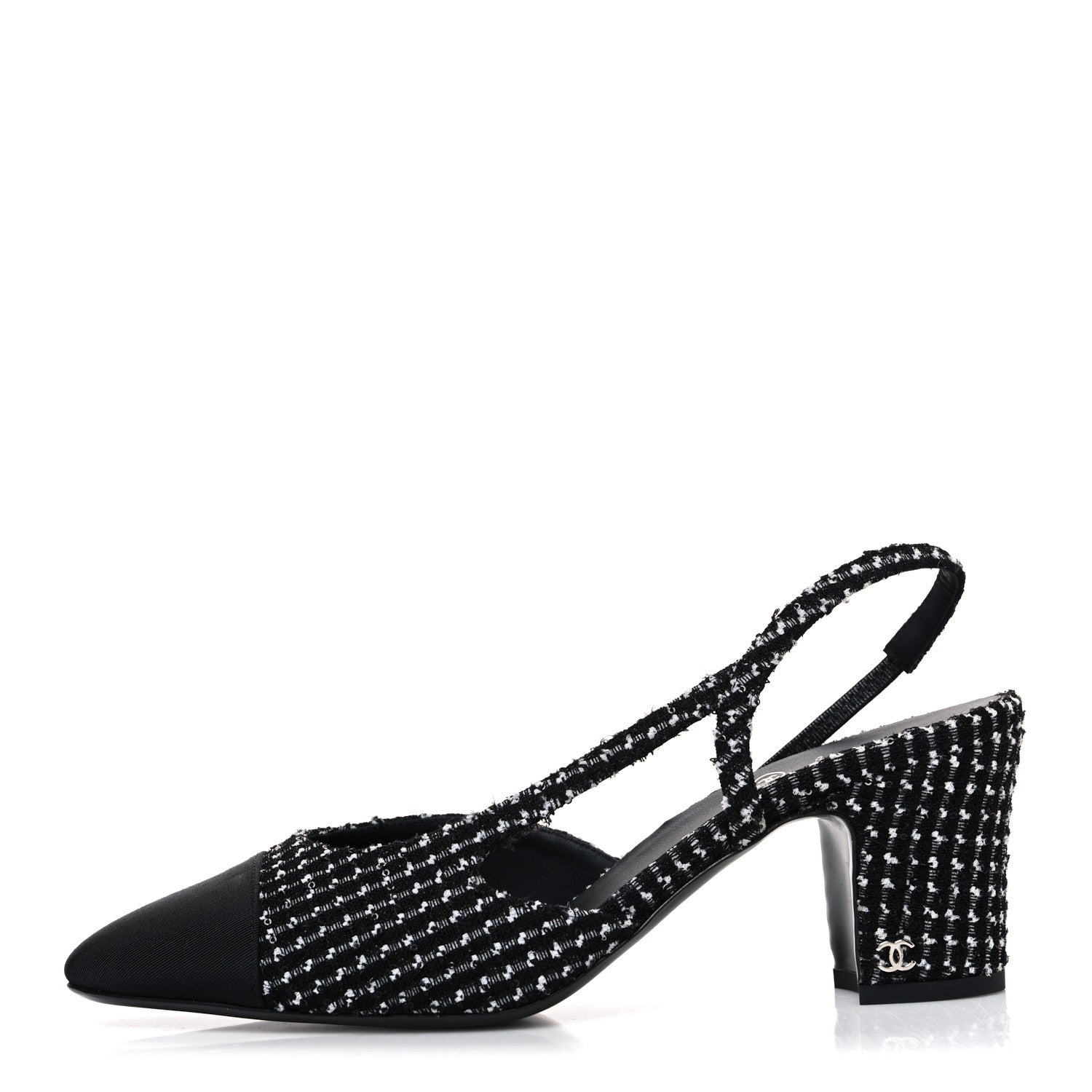 Tweed Grosgrain Cap Toe CC Slingback Pumps 40.5 Black White