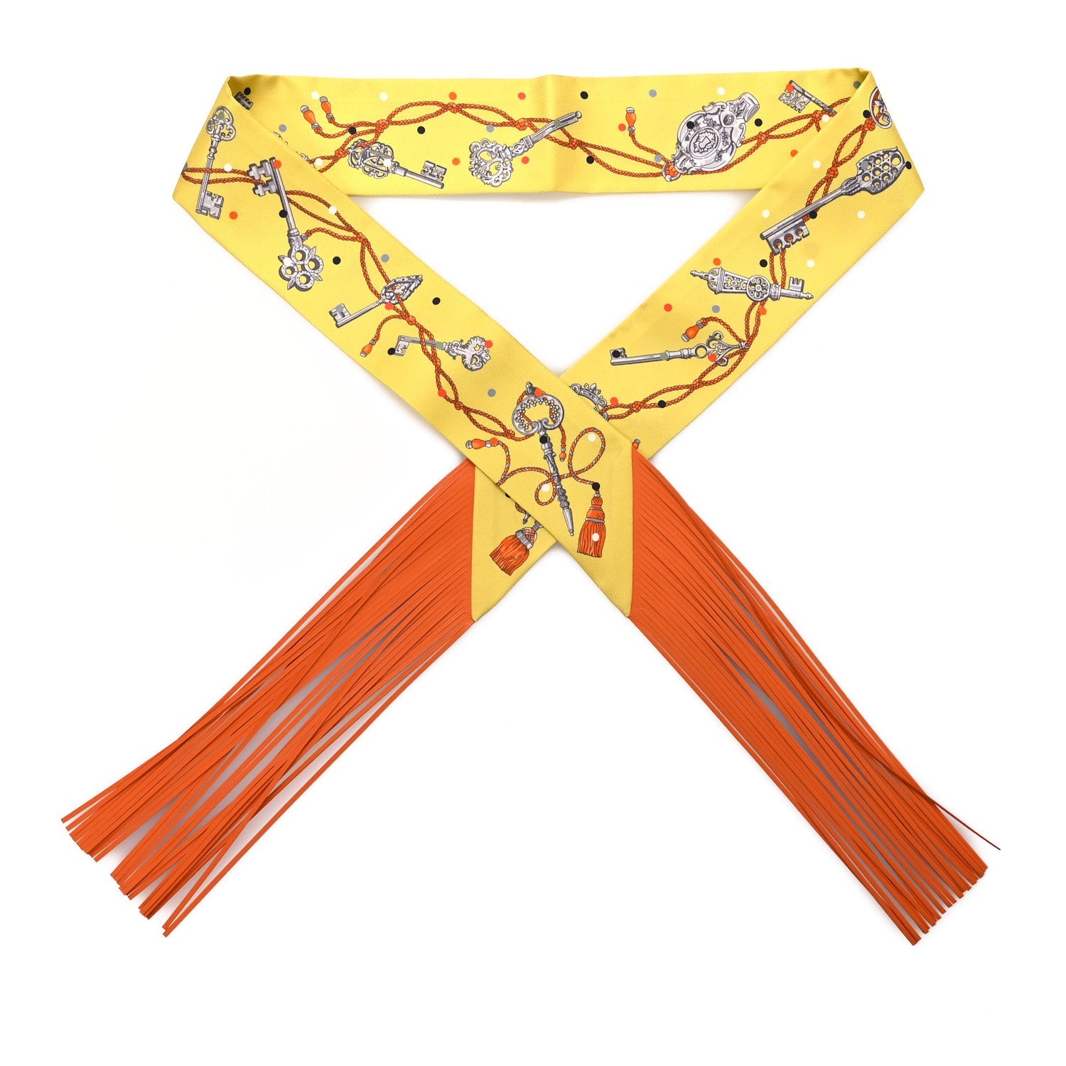 Silk Calfskin Les Cles A Pois Fringed Twilly Jaune Argent Orange Vif