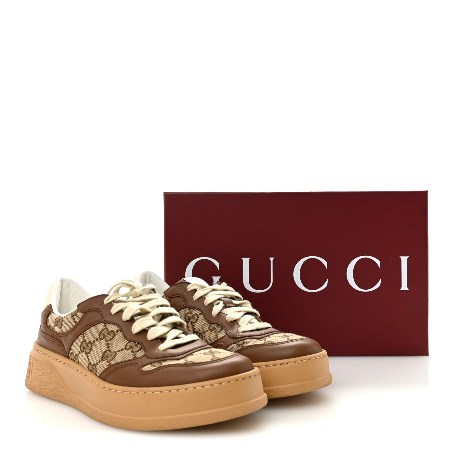 Calfskin GG Monogram Womens Platform 55mm Sneakers 38.5 Hezelnut Beige Ebony Mystic White