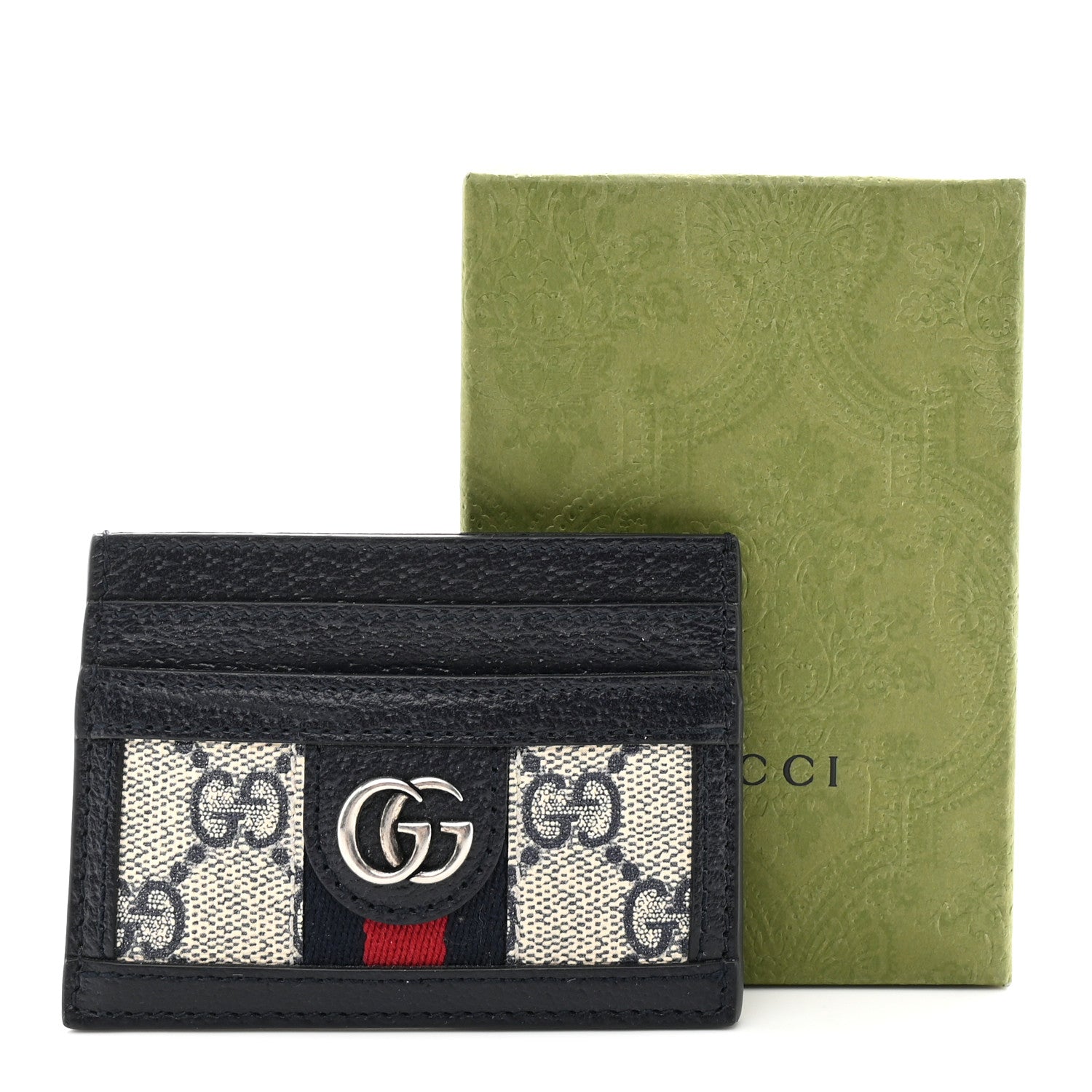 GG Supreme Monogram Textured Dollar Calfskin Web Ophidia Card Holder Beige Blue