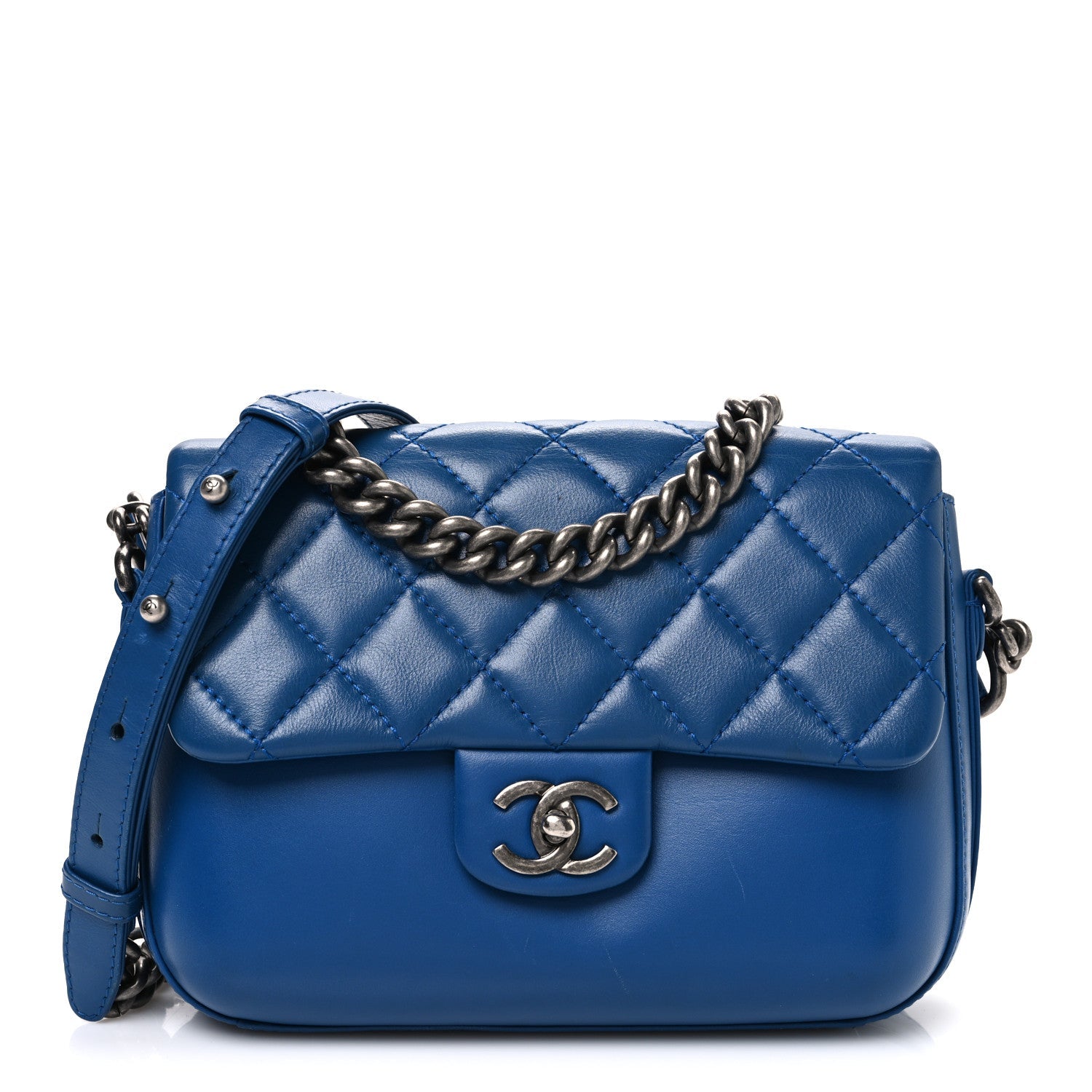 Calfskin Quilted Medium Rock My Shoulder Flap Blue