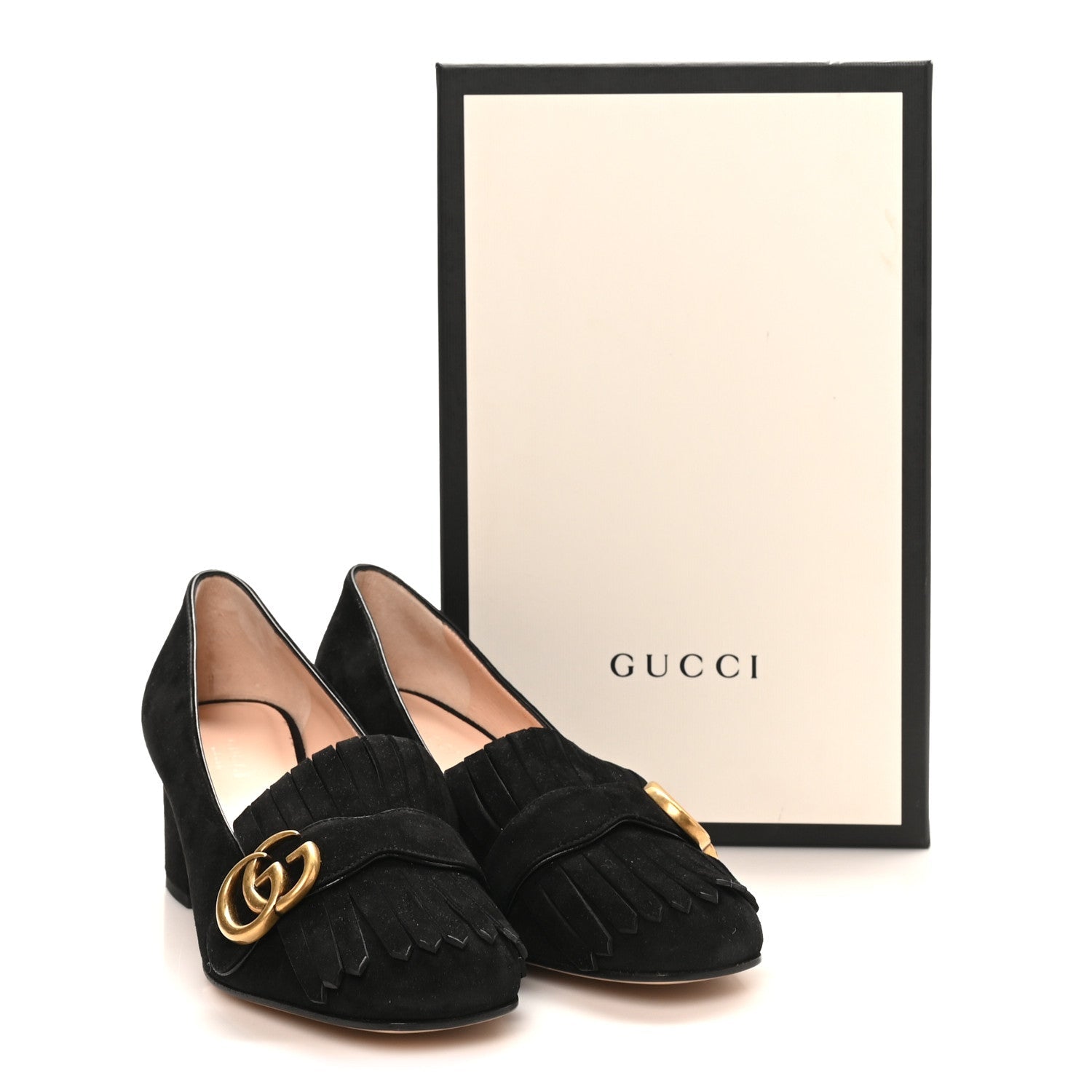Kid Scamosciato GG Marmont Fringe 50mm Loafer Pumps 38 Black