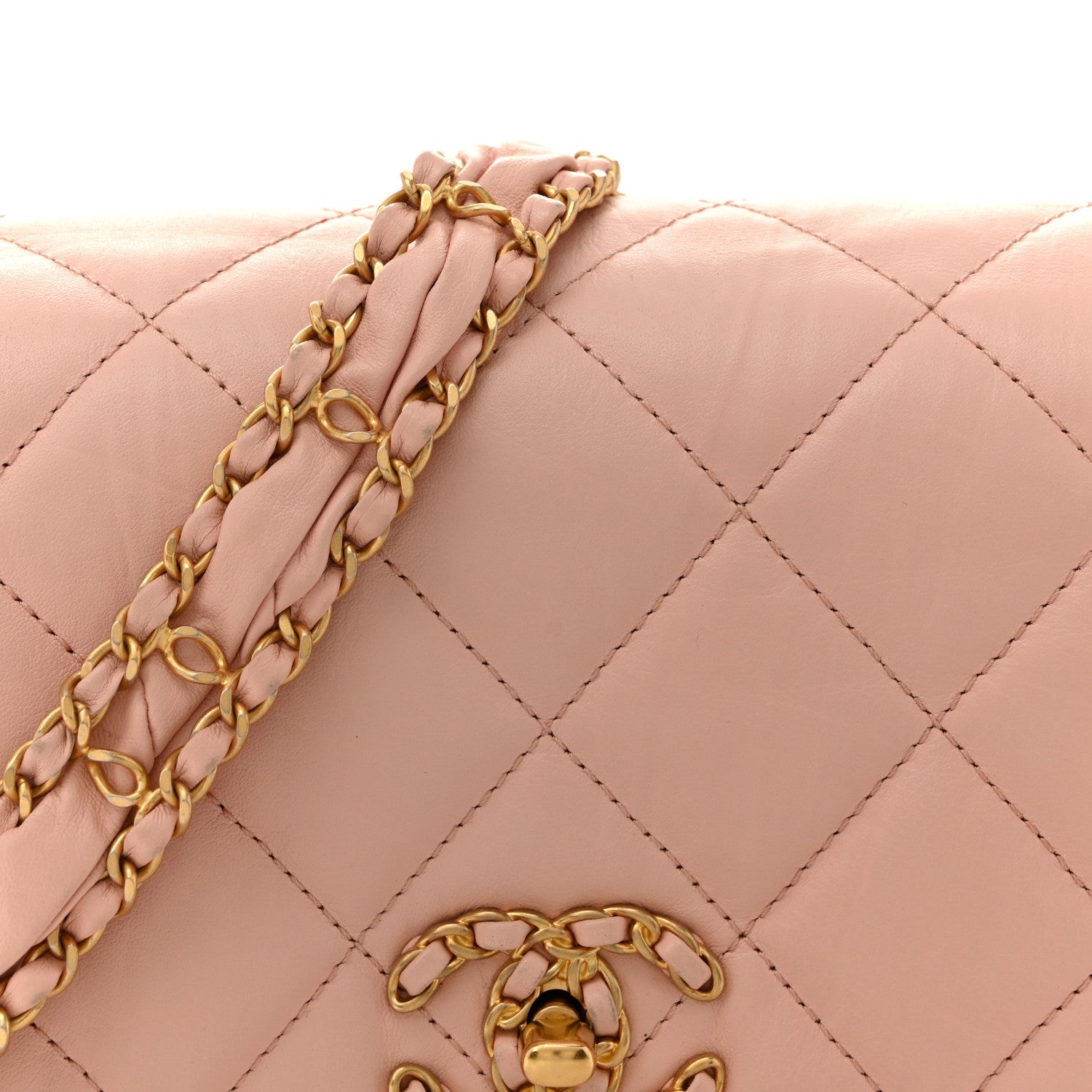 Crumpled Calfskin Quilted Braided CC Flap Light Pink